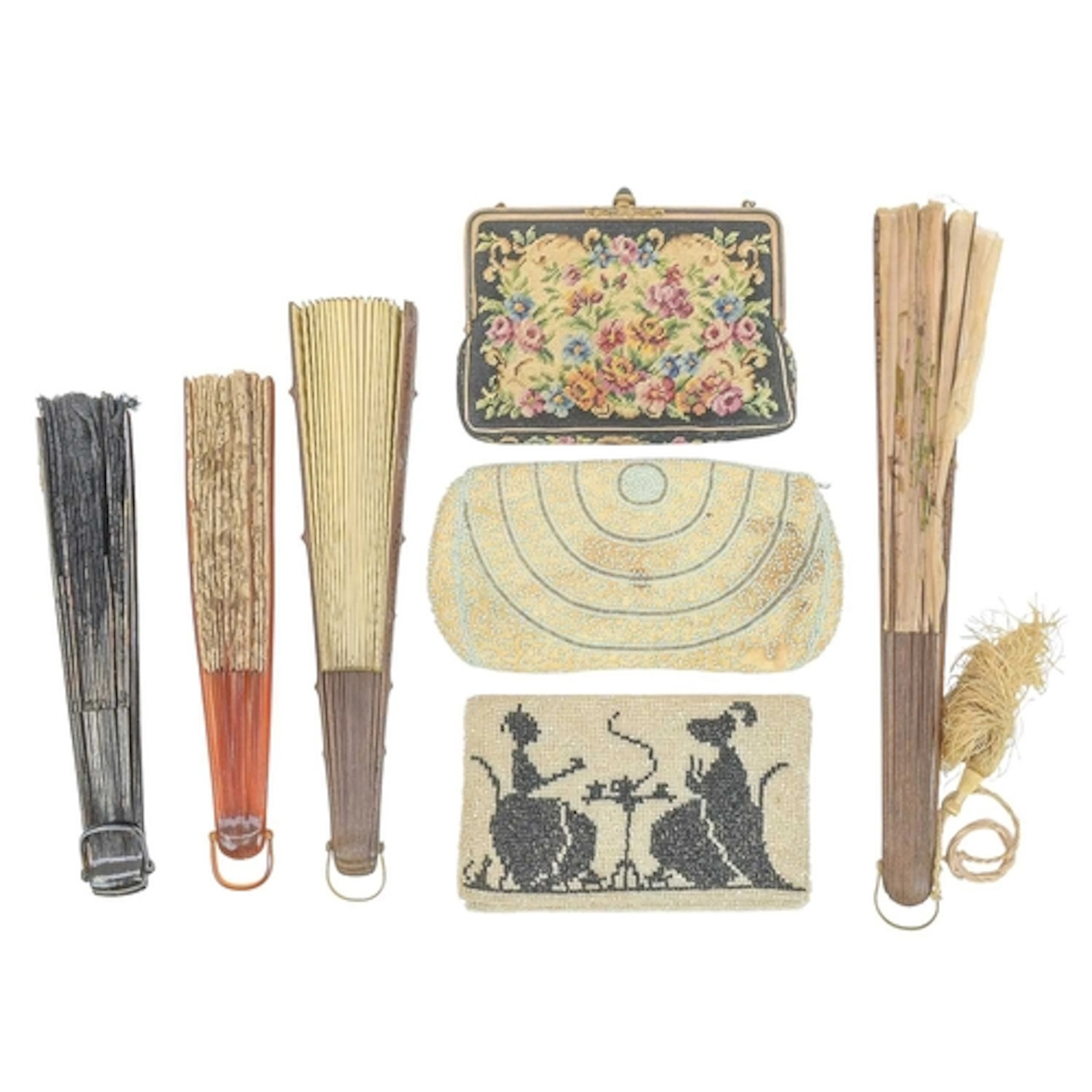 Fans and handbags. A 19th century fan, painted with an autum...