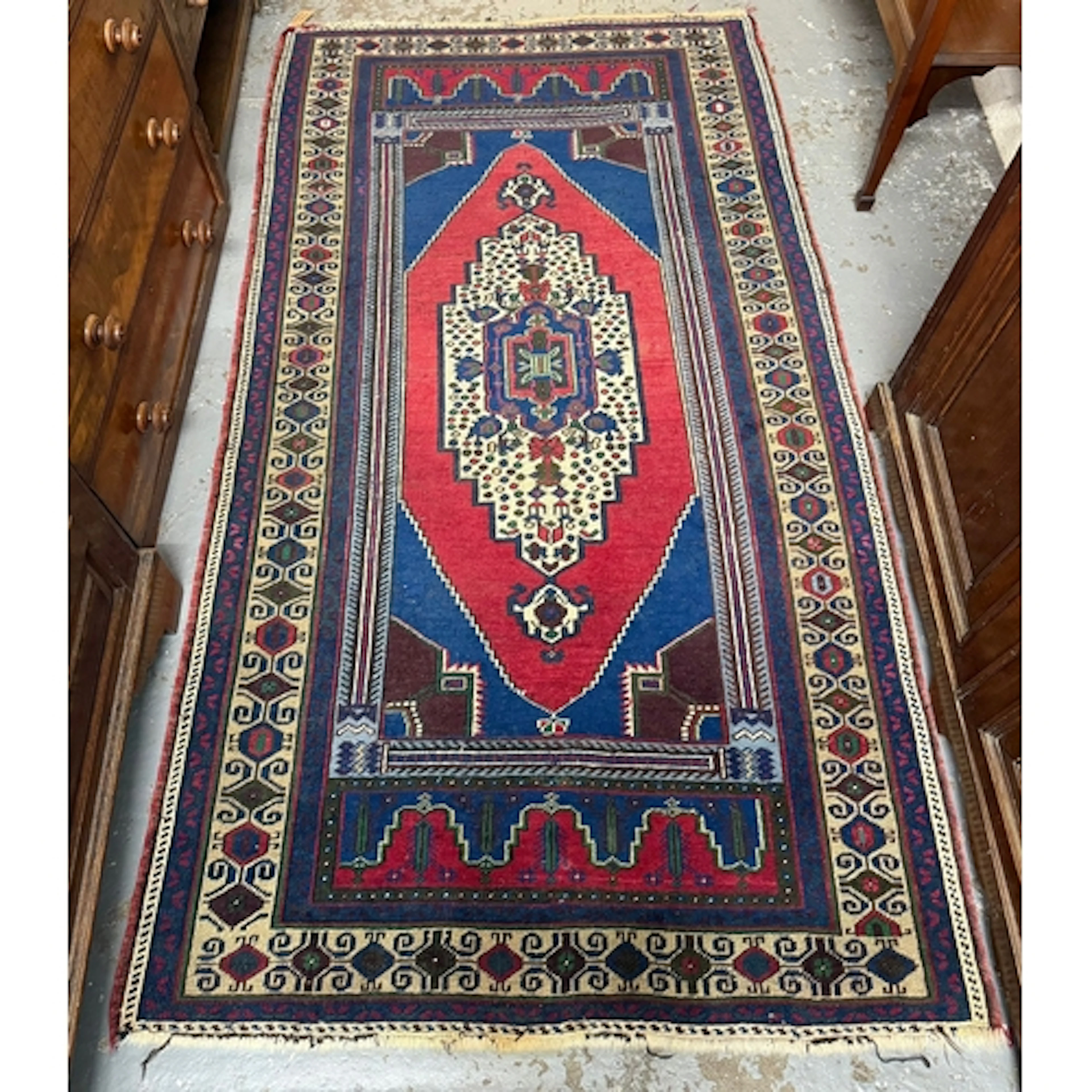 Vintage Turkish hand knotted wool rug, with geometric red an...