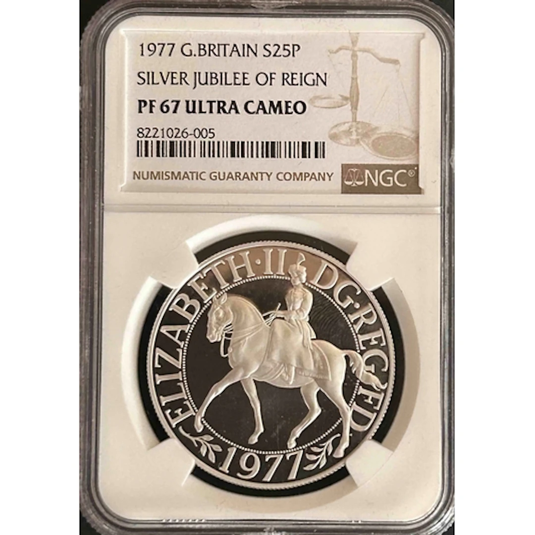1977 UK Silver Jubilee silver proof Crown, slabbed and grade...
