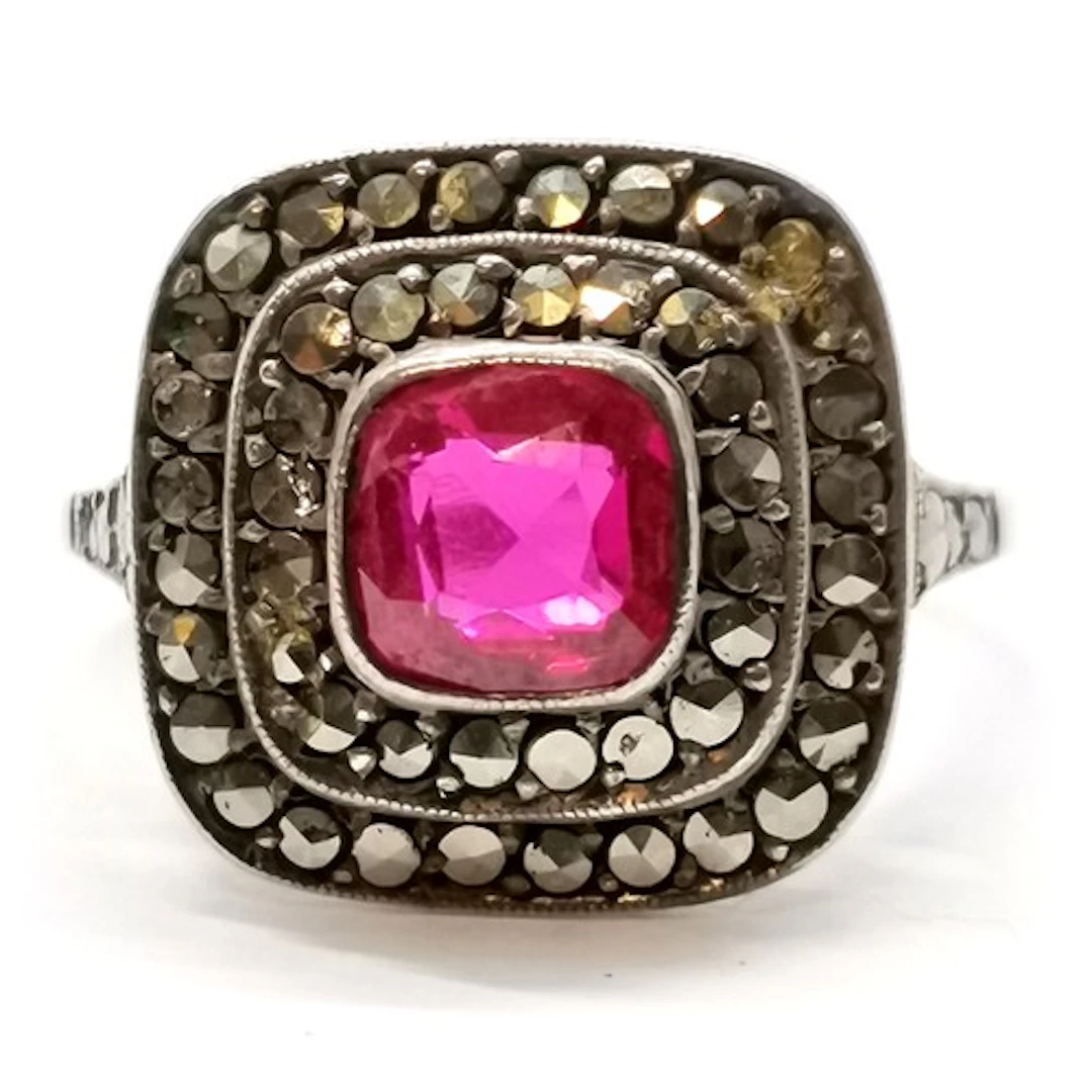 Art deco unmarked silver marcasite & red gemstone set ring -...