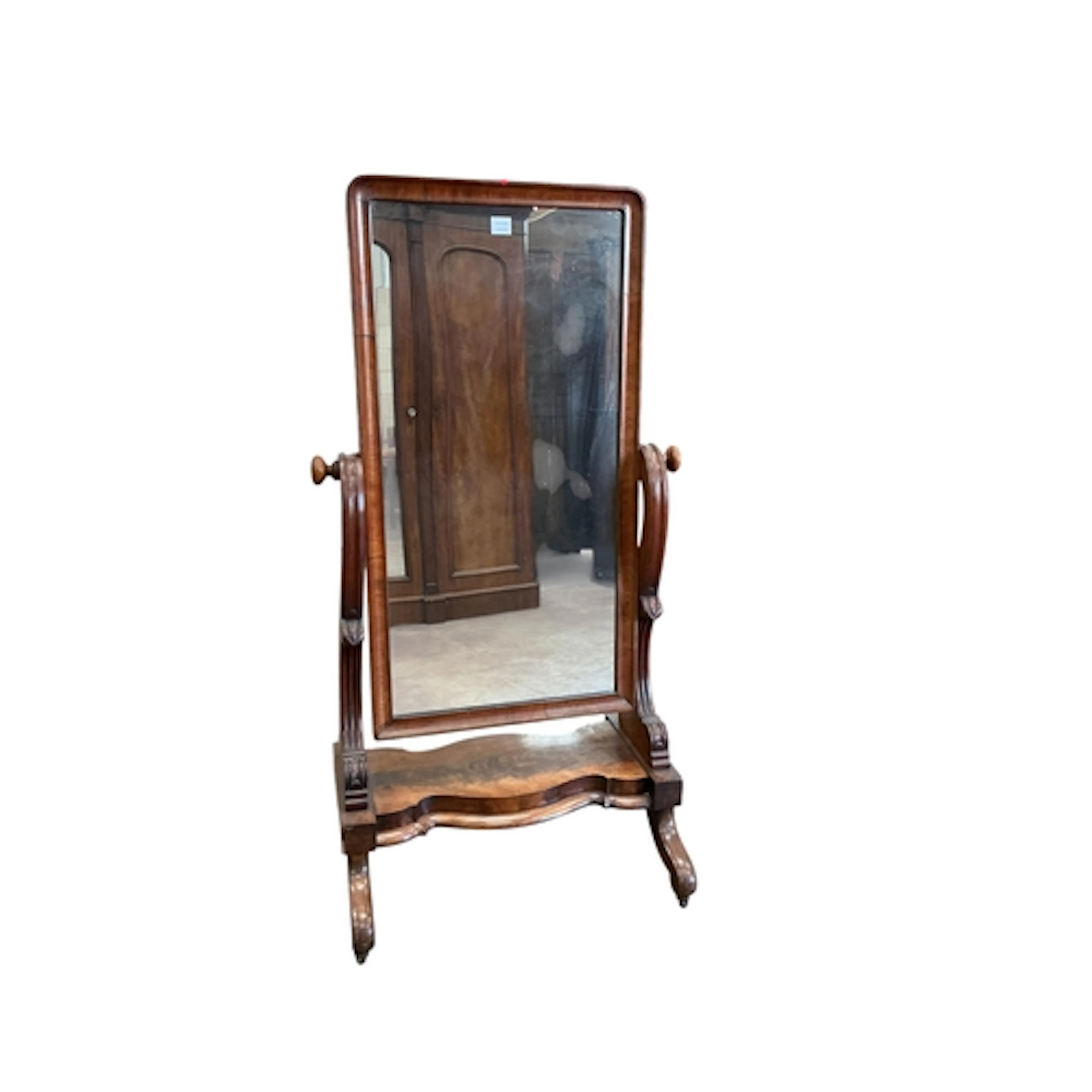 A Victorian mahogany cheval mirror, width 83cm, depth 60cm, ...