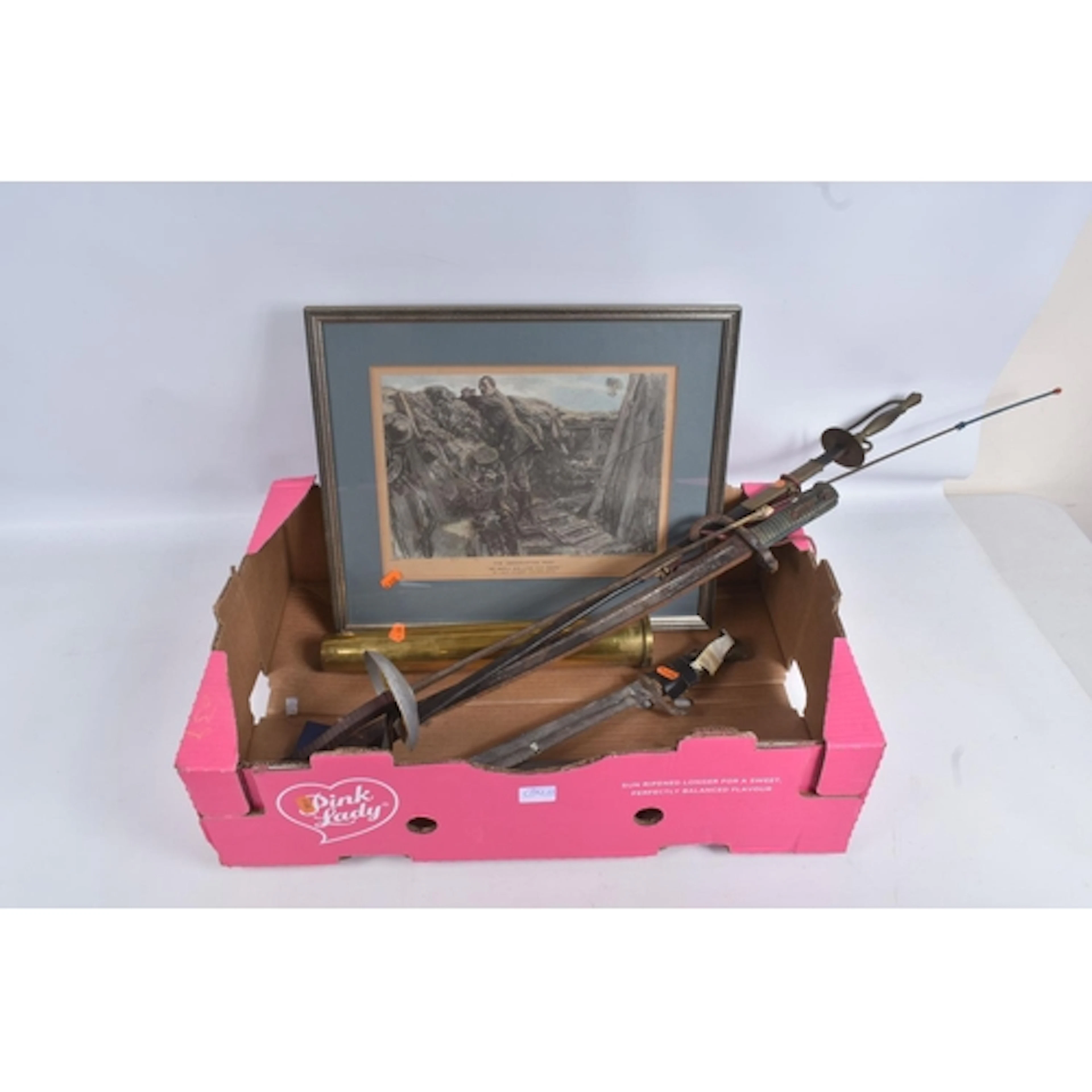 A COLLECTION OF MILITARY SWORDS, A BADGE AND PICTURES, the s...