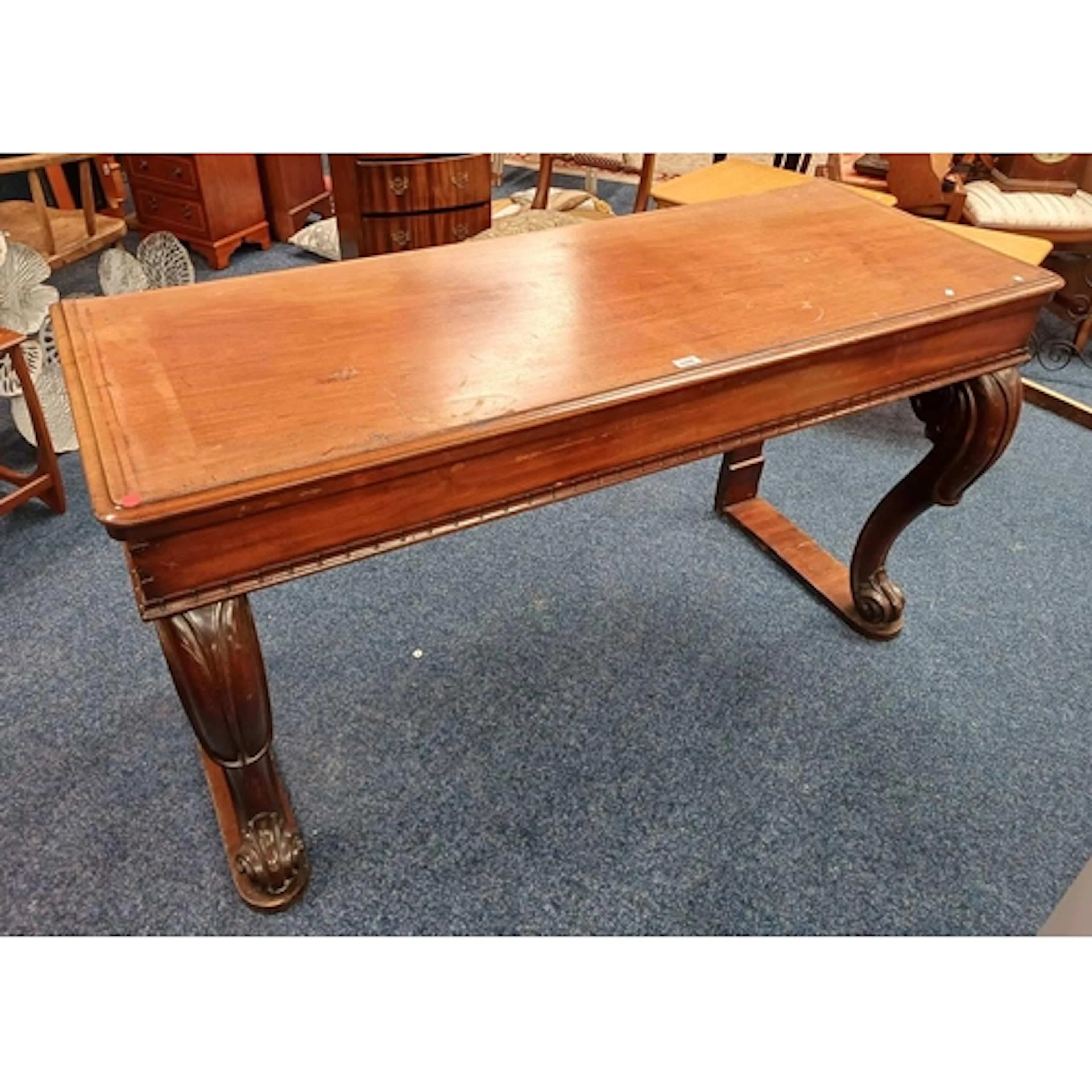 19TH CENTURY MAHOGANY SIDE TABLE ON SHAPED SUPPORTS, 150CM W...
