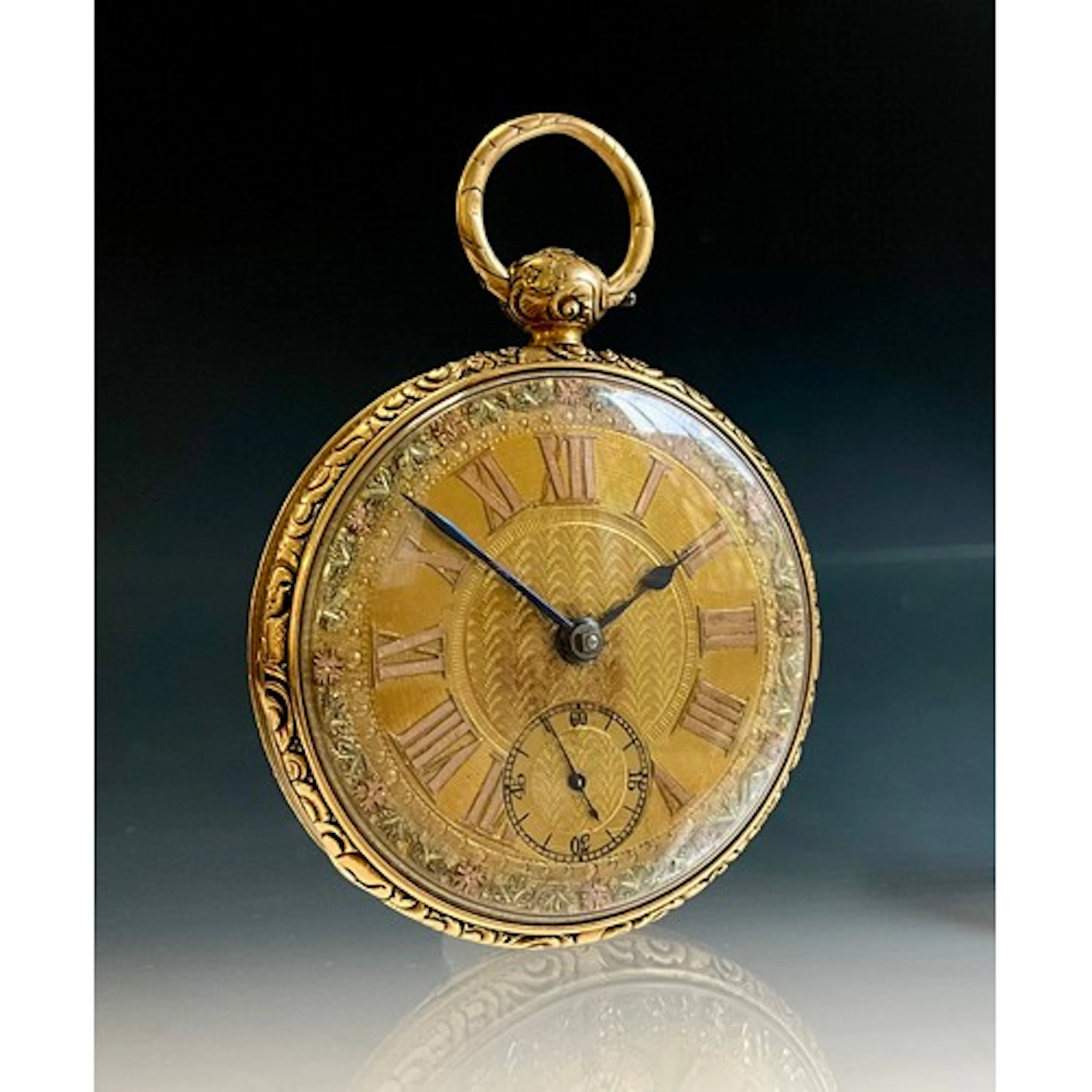A 19th century 18ct gold pocket watch, ornate floral dial, l...