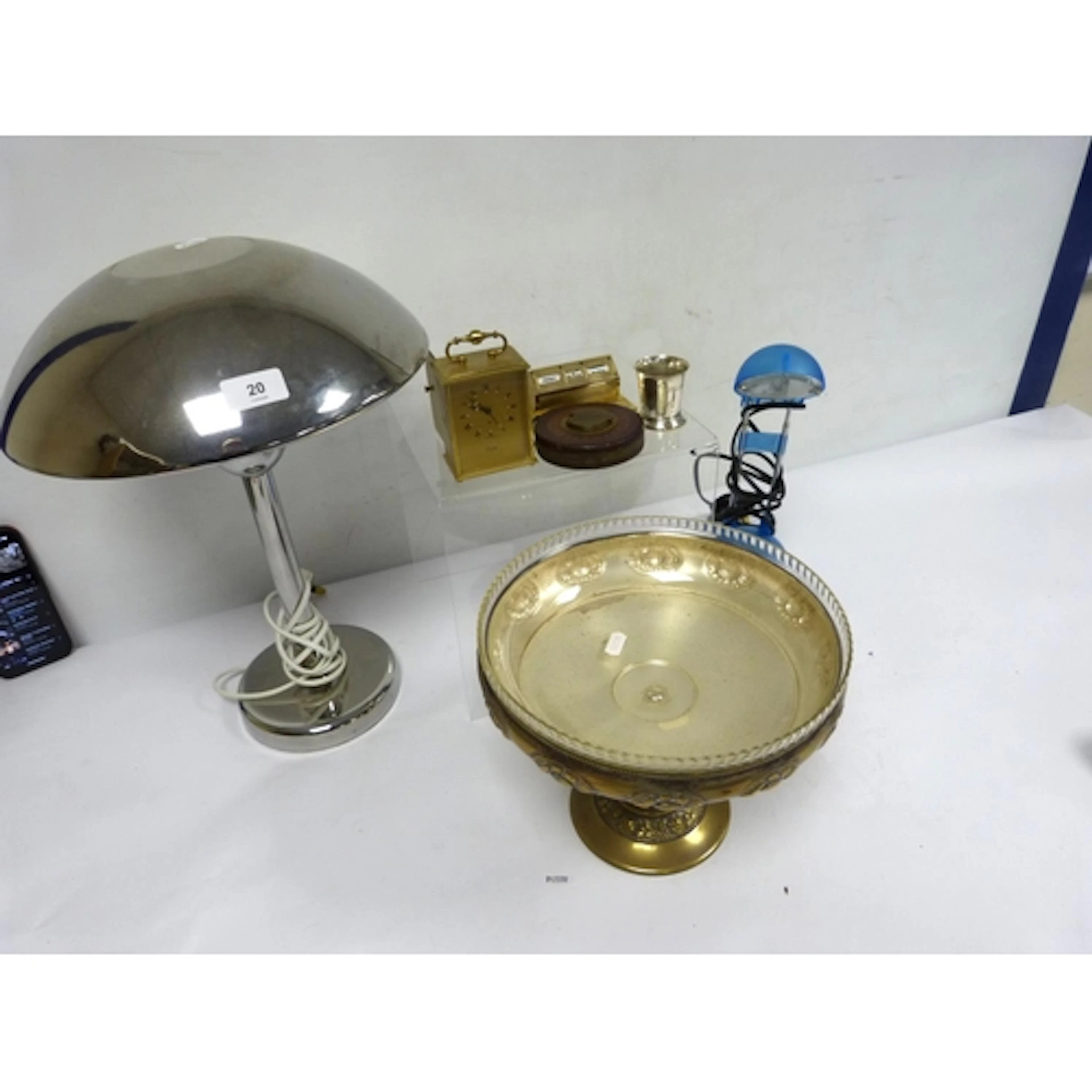 Modern table lamps, brass tazza, carriage clock etc.