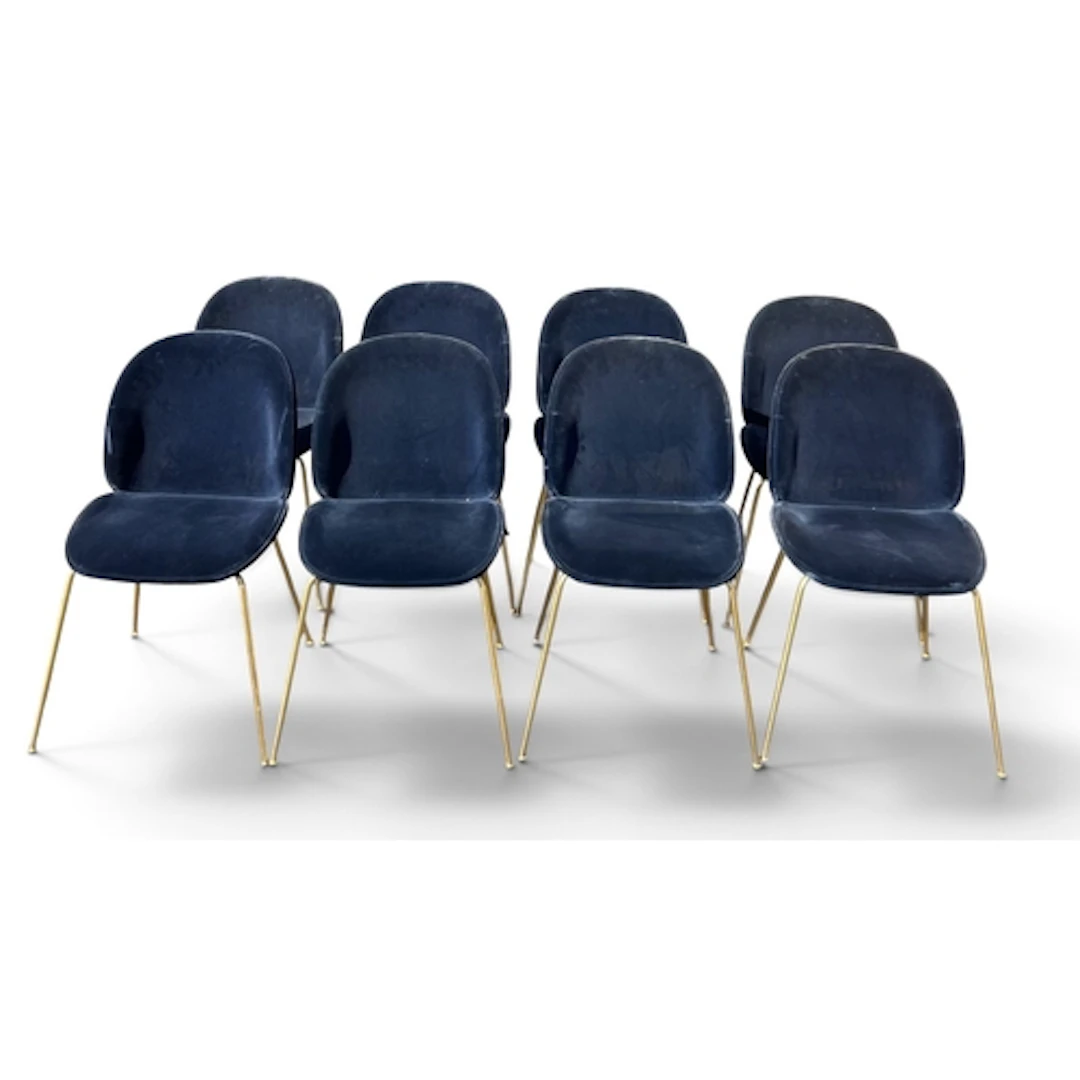 EIGHT GUBI-STYLE BEETLE DINING CHAIRS In blue velvet with gi...