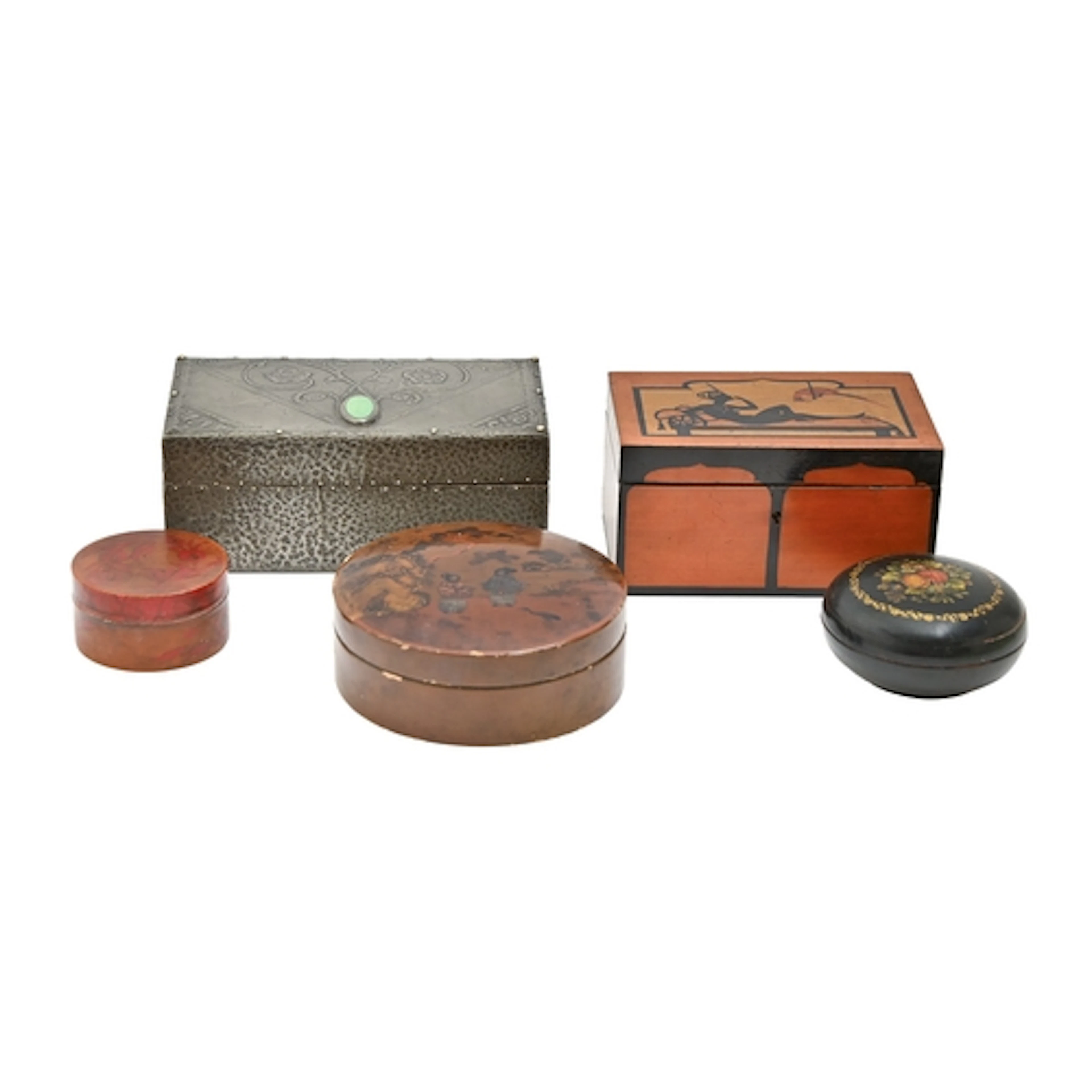 An Art Deco-painted cigarette box, 16cm w, a cedar lined pew...