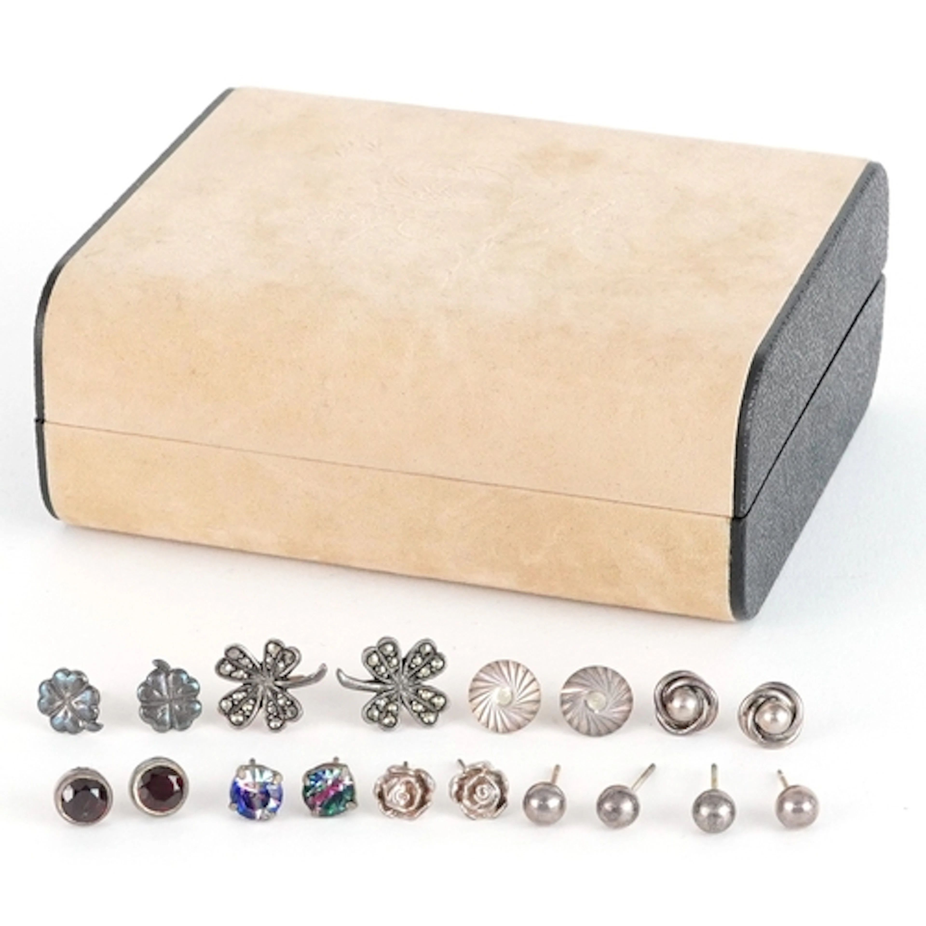 Silver and white metal stud earrings including garnet and ma...