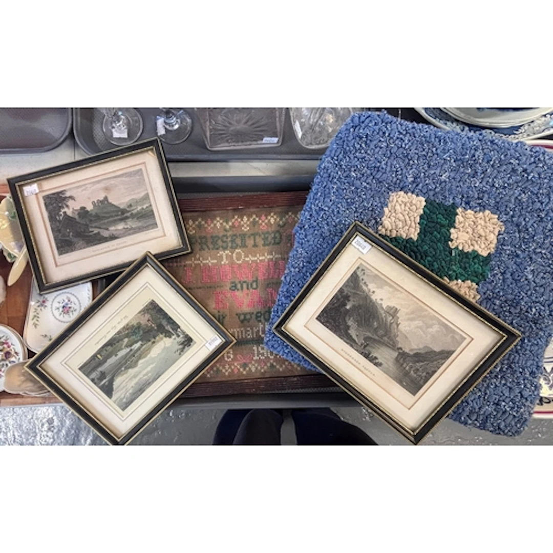 Two square fabric shield shaped panels, together with three ...