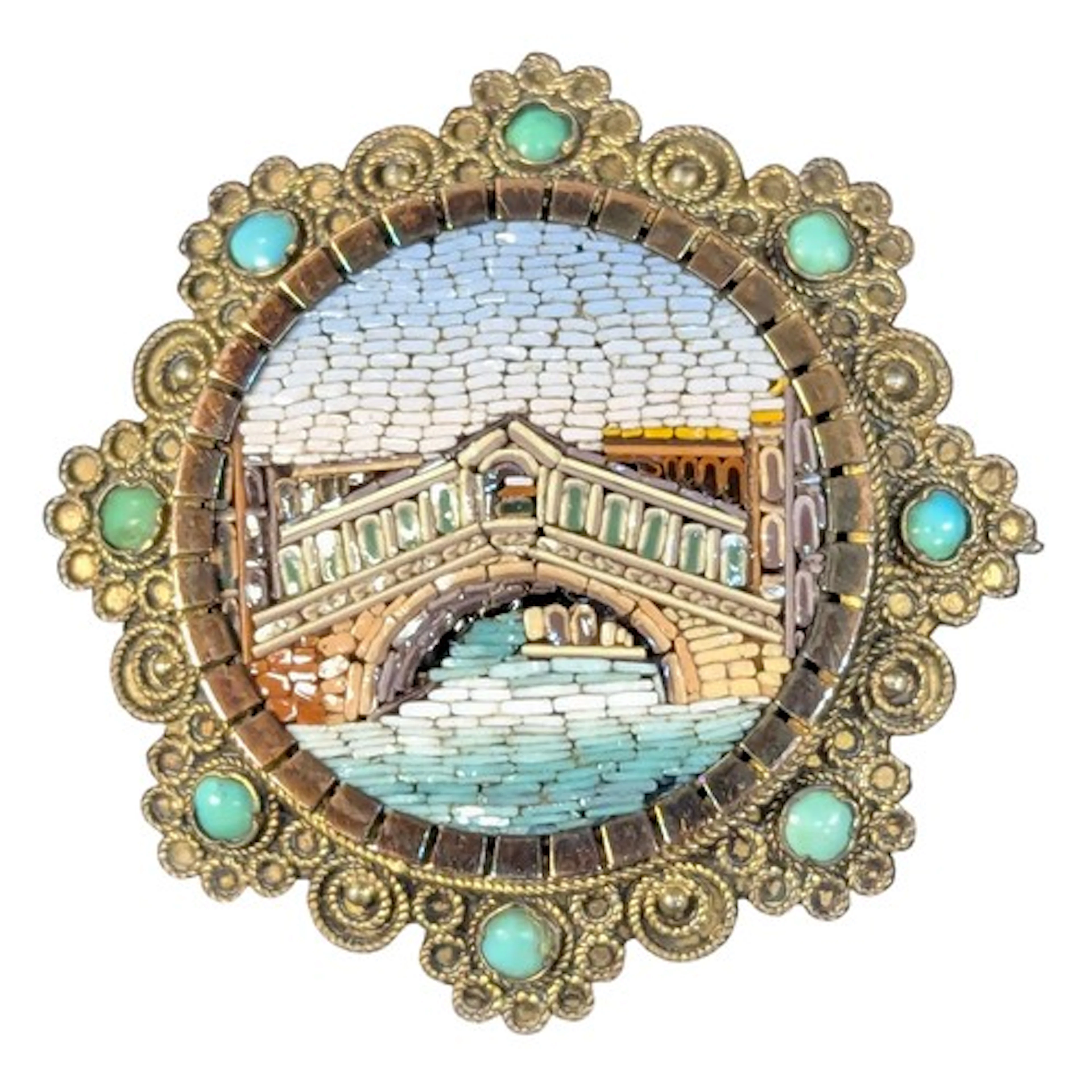 A Micro Mosaic brooch, Rialto Bridge, gilt metal mount with ...