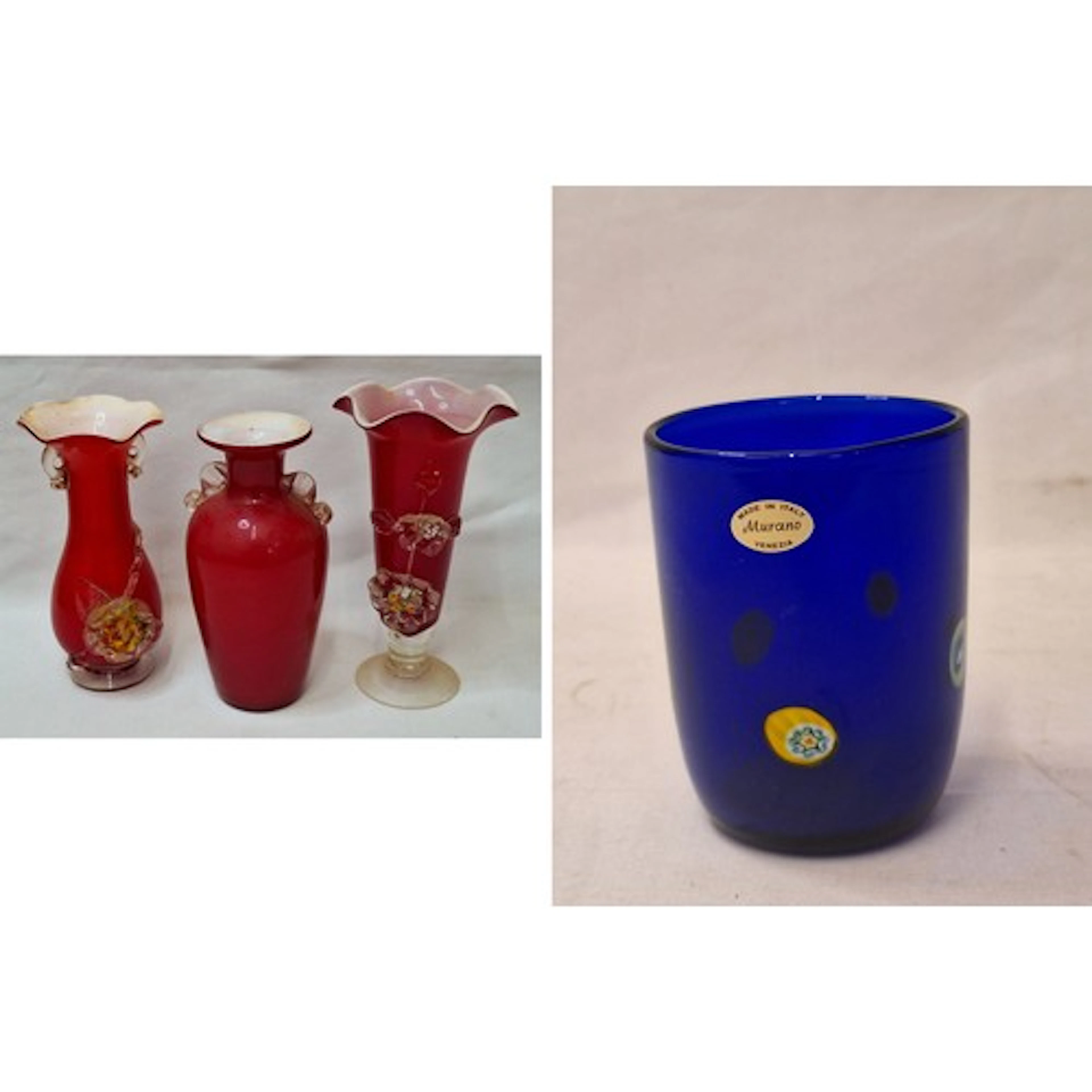 3 Murano Style Ruby Red Cased Glass Vases, 2 with rippled ri...
