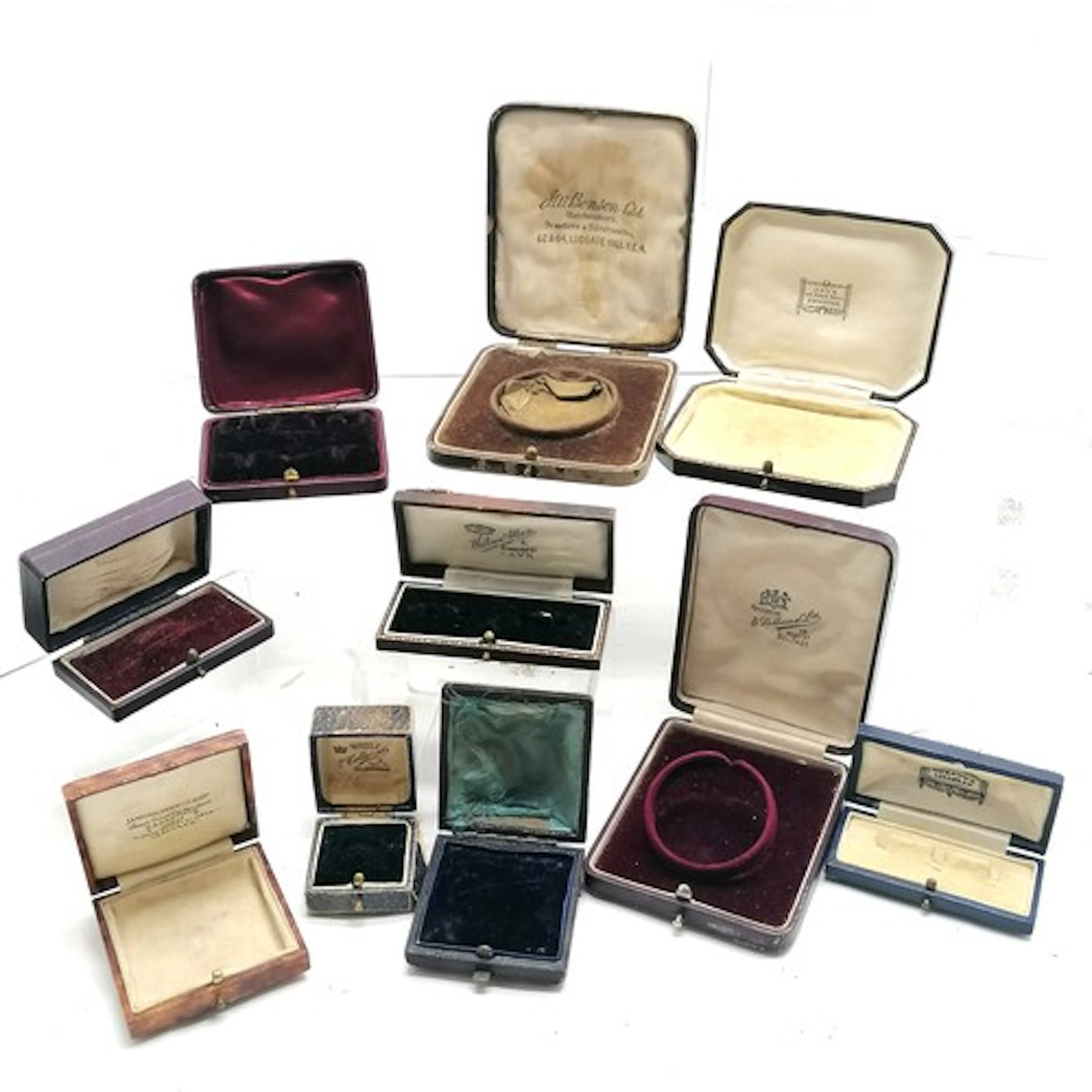 Qty of antique jewellery / watch boxes inc J W Benson, James...