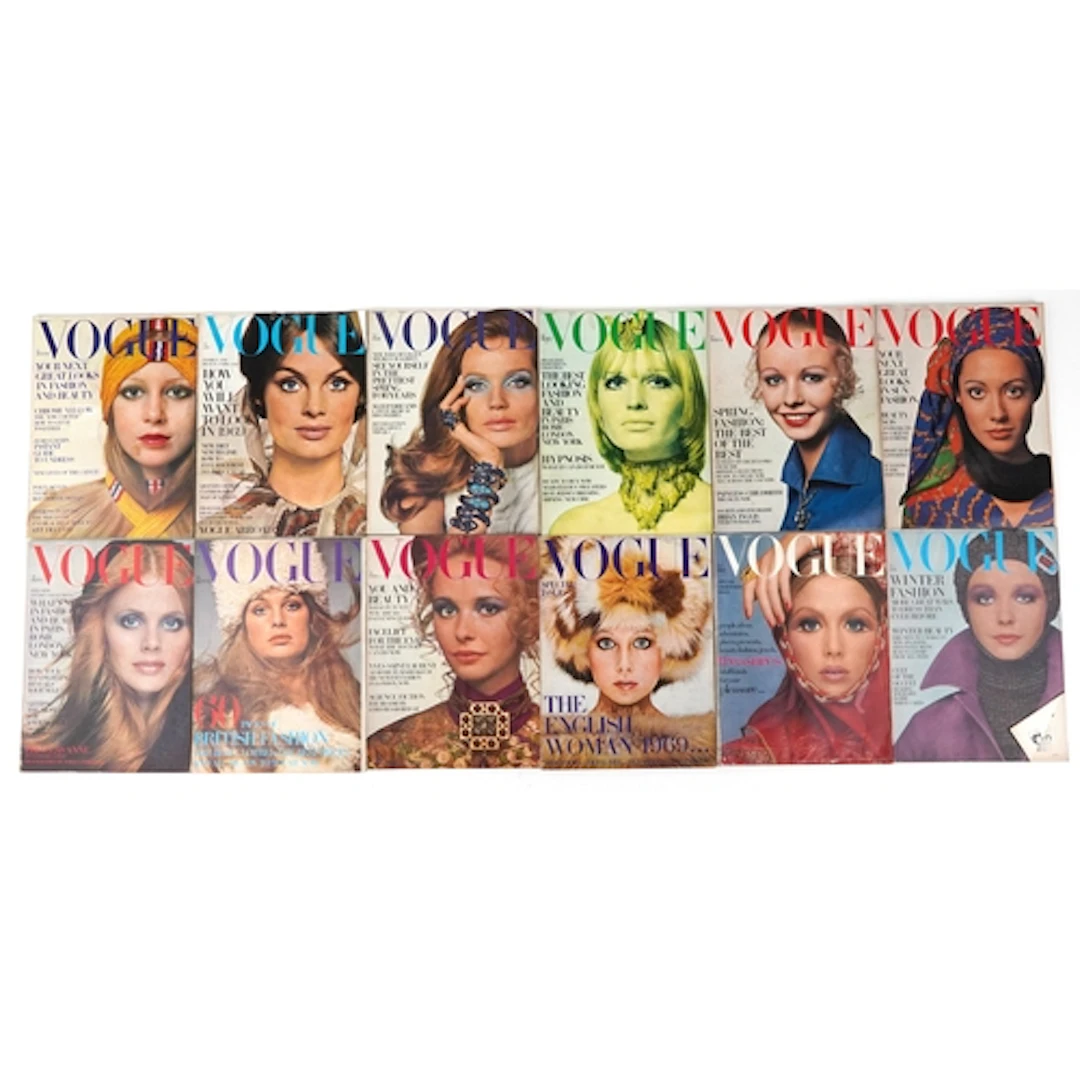 Collection of 1969 Vogue magazines.