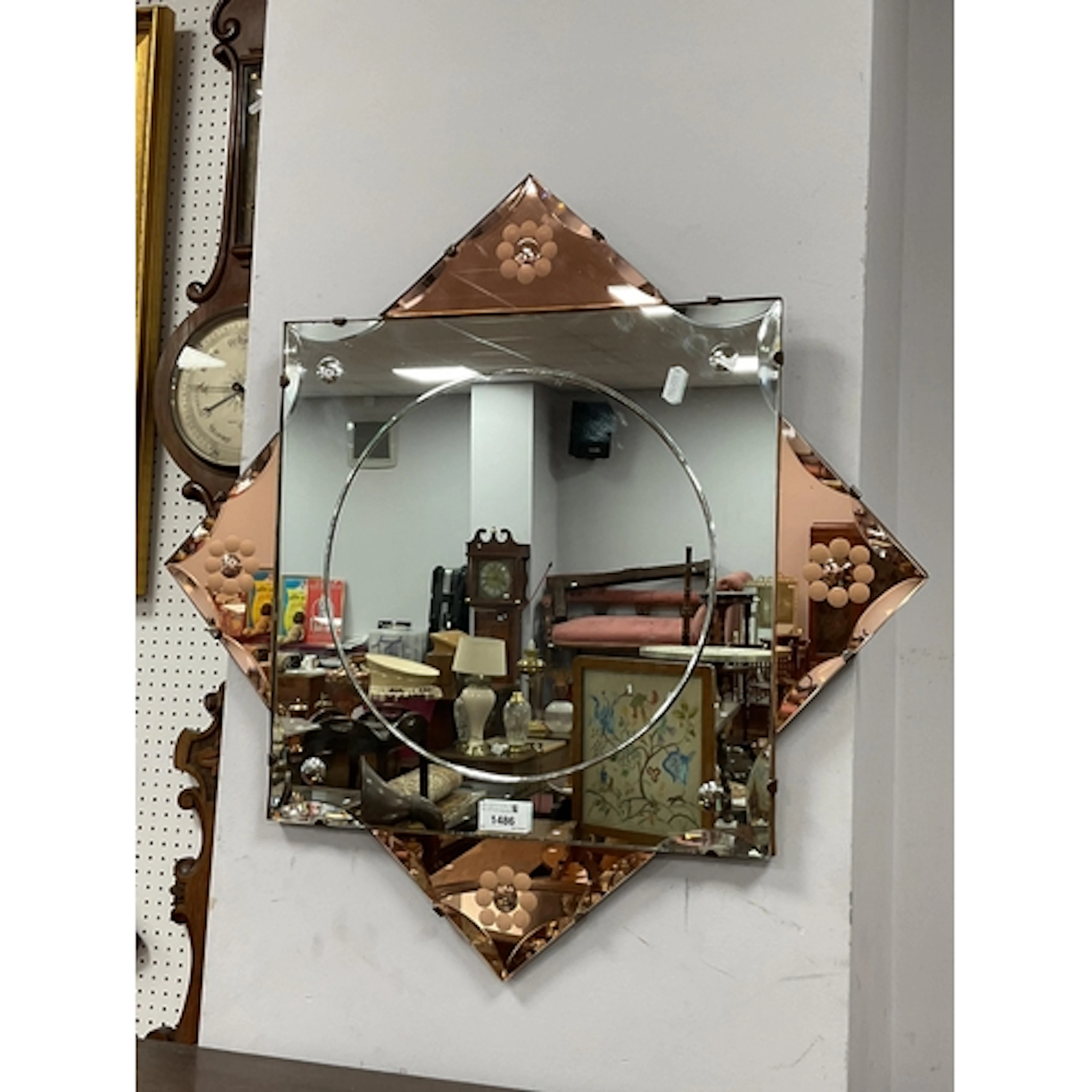 Art Deco Star of David Wall Mirror of Square Form, with pink...