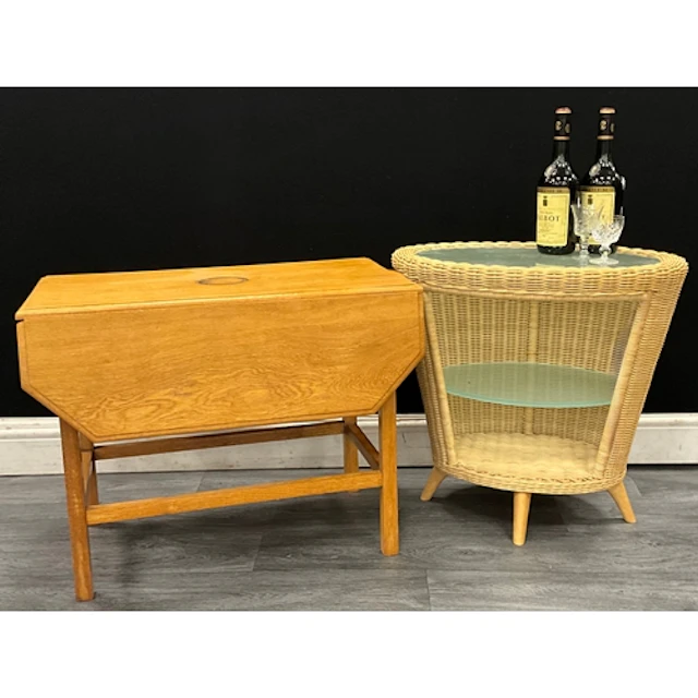 Interior furnishings - a mid century wicker drinks table wit...