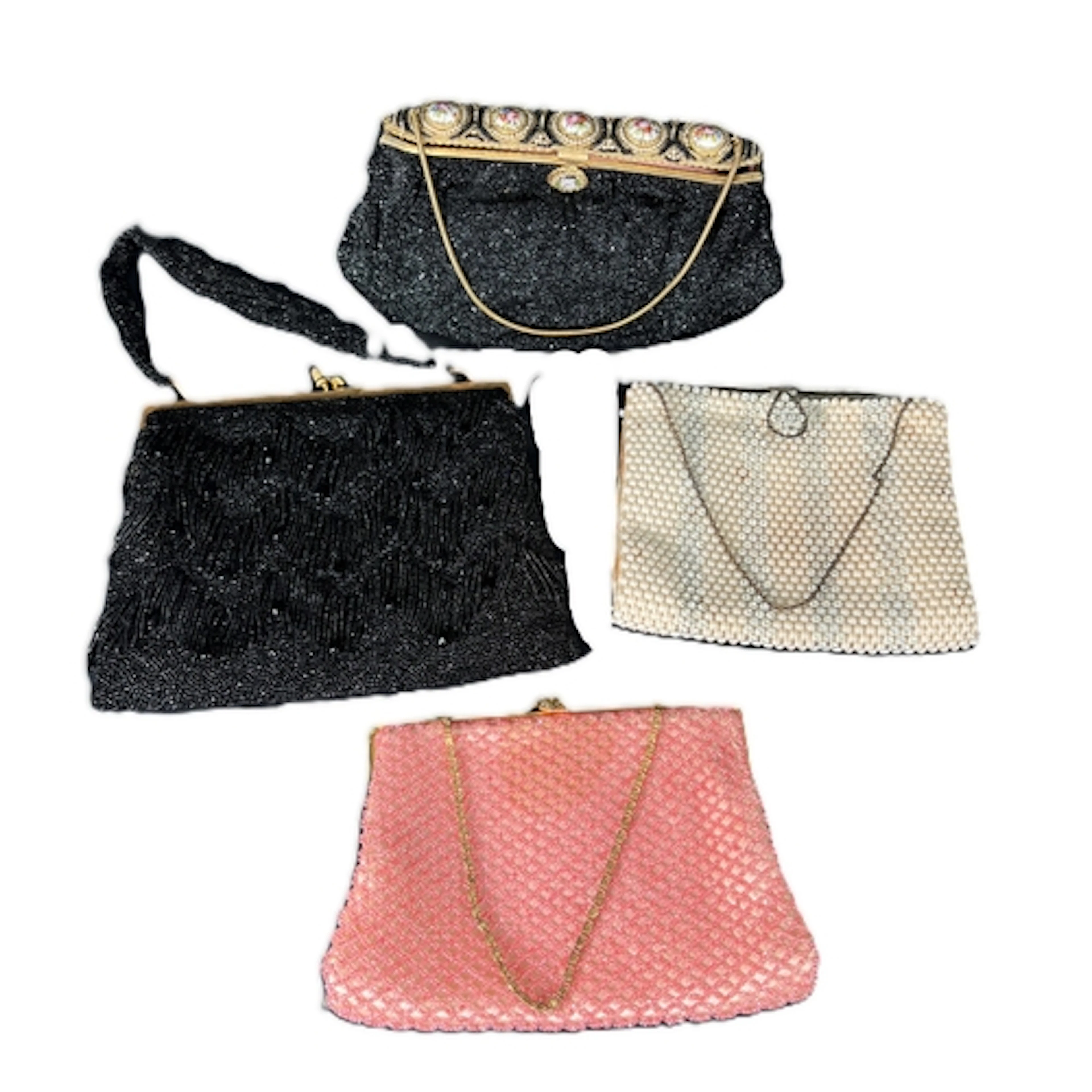 A mid 20th century pink micro beaded evening bag in crisscro...