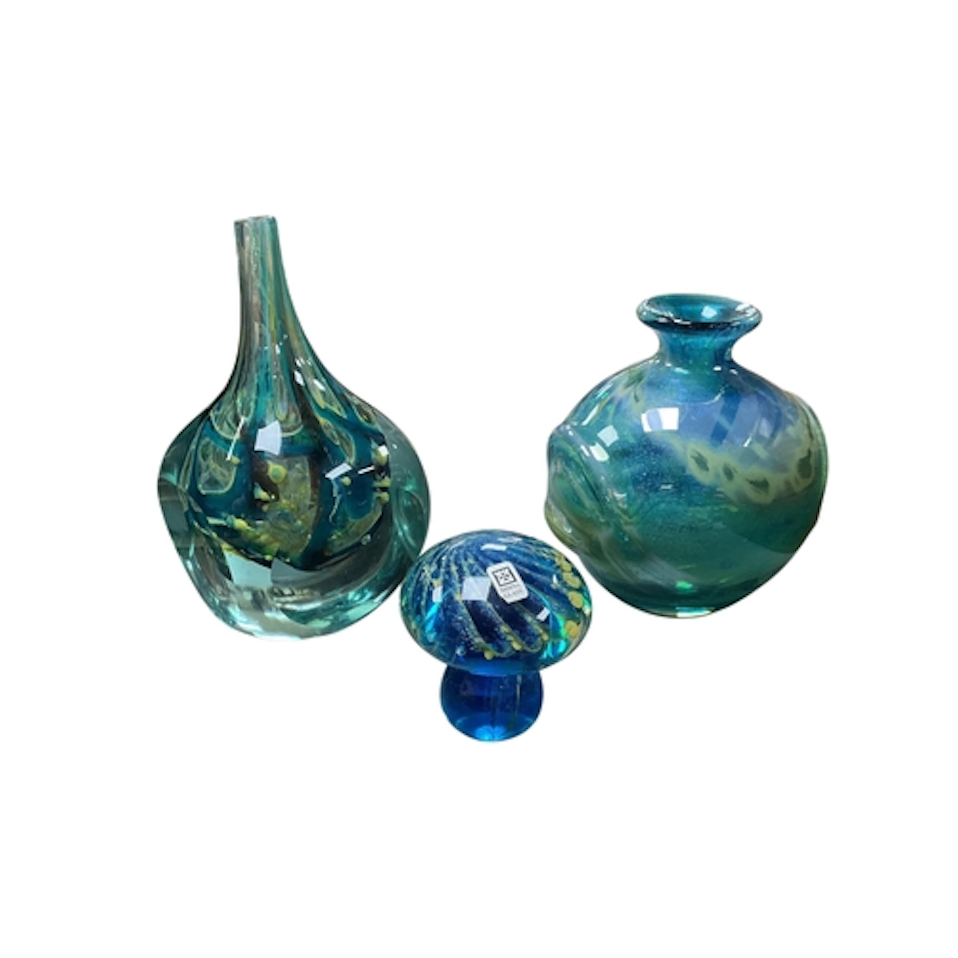 Two Medina glass vases and a mushroom paperweight, signed to...