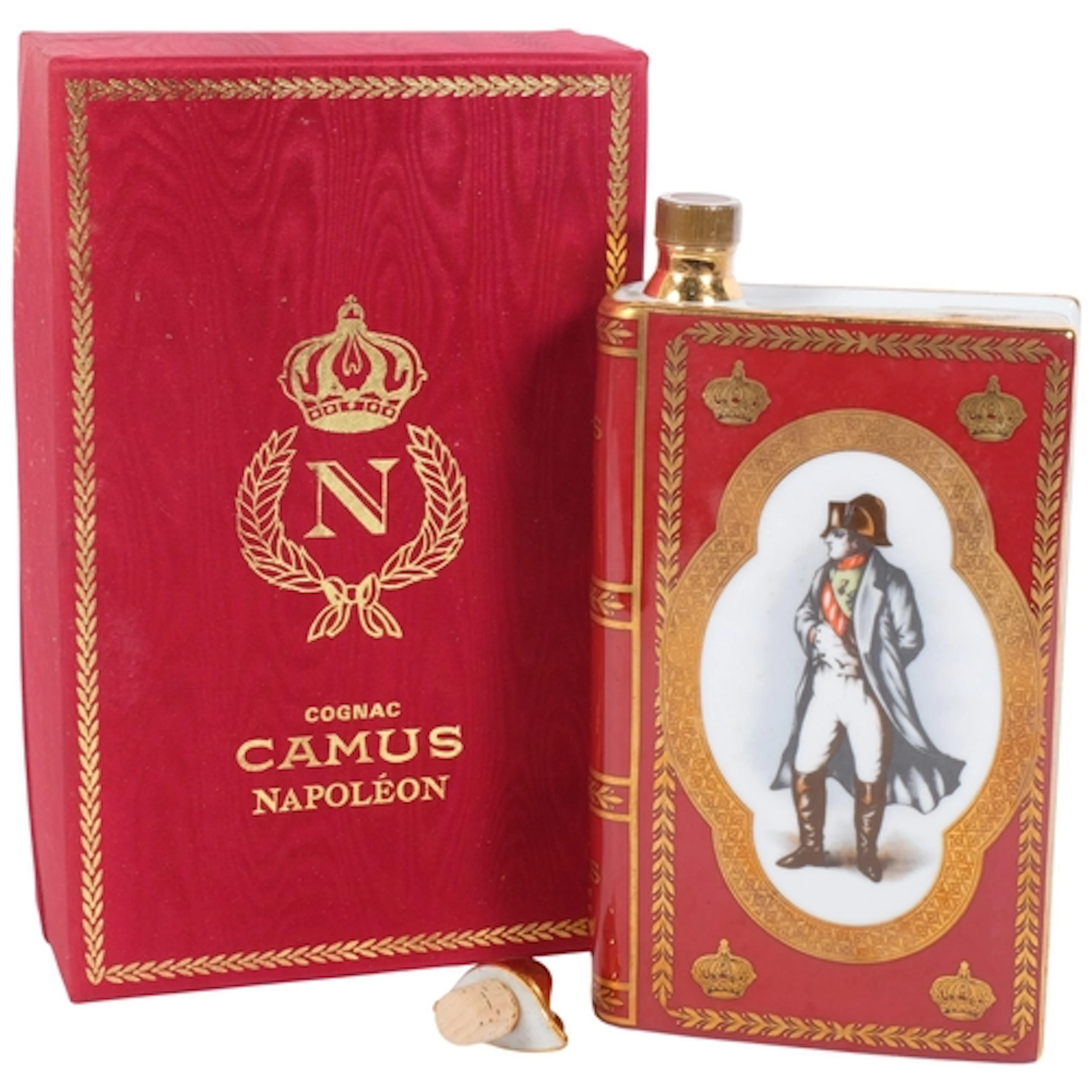 A bottle of Camus Napoleon Cognac, in porcelain book design ...