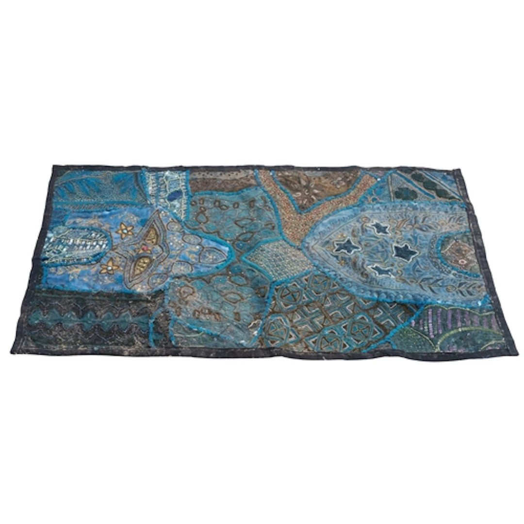 An Indian patchwork wall panel in blue, with metal thread, b...