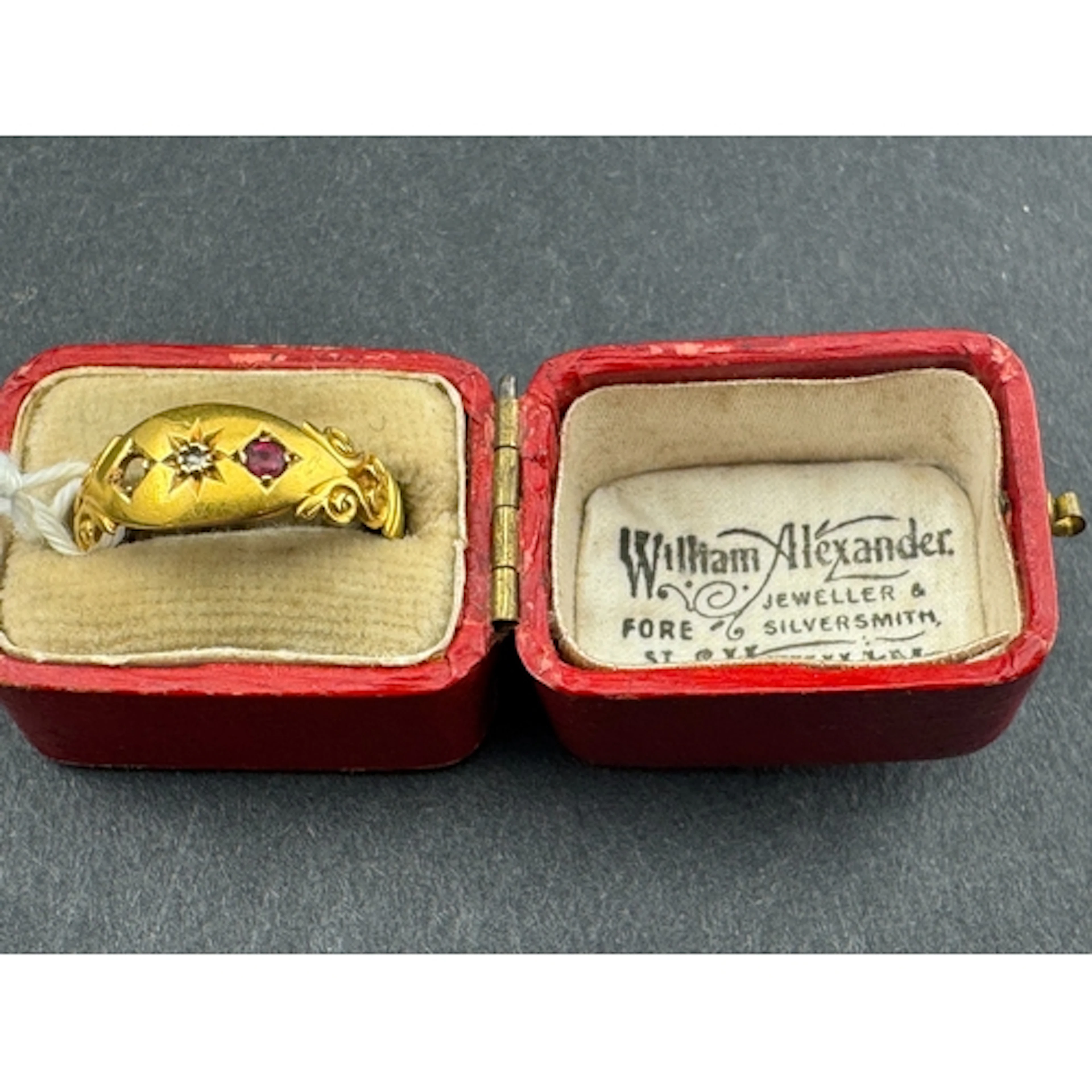 Jewellery: 18ct gold boat-shaped diamond and ruby ring (one ...