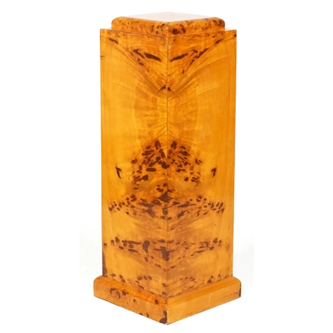 Burr wood effect pedestal raised on a square plinth base, 92...