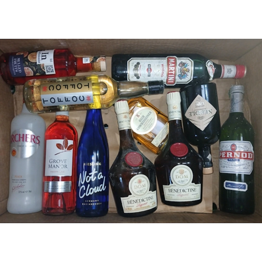 A box of assorted spirits and liqueurs.