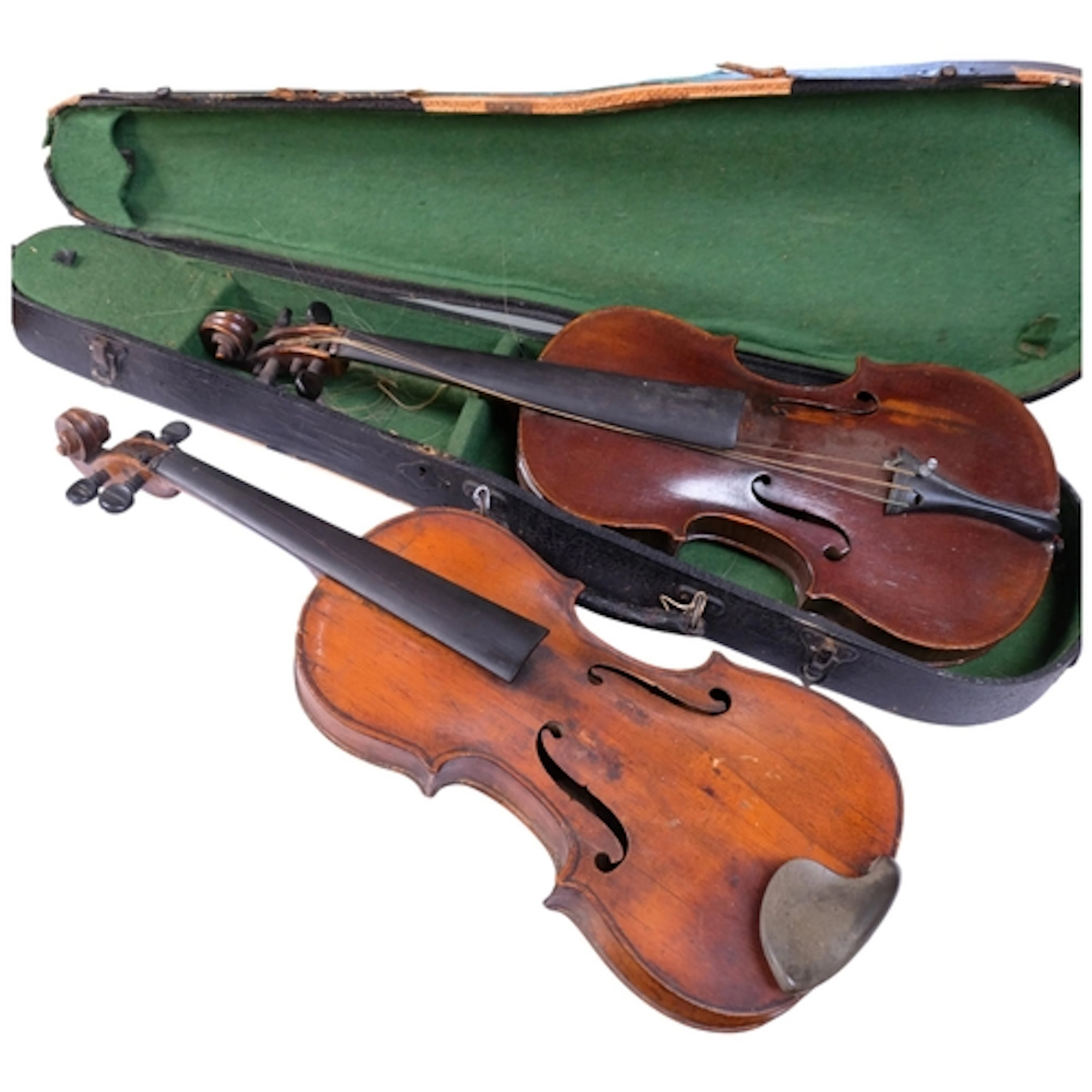 2 Antique violins, both full-size, 1 with a handwritten pape...