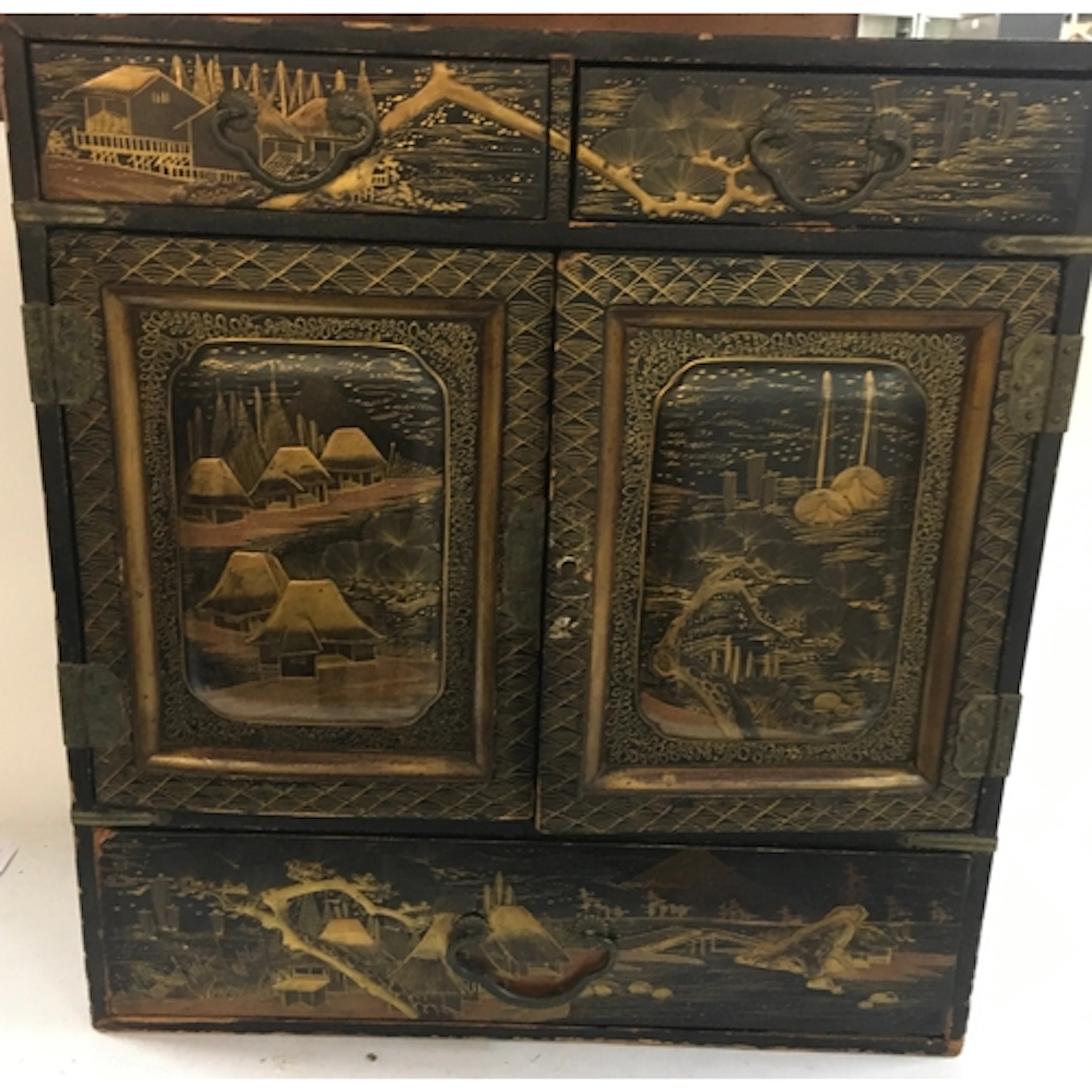 Antique Japanese black and gold lacquer cabinet/jewellery ch...