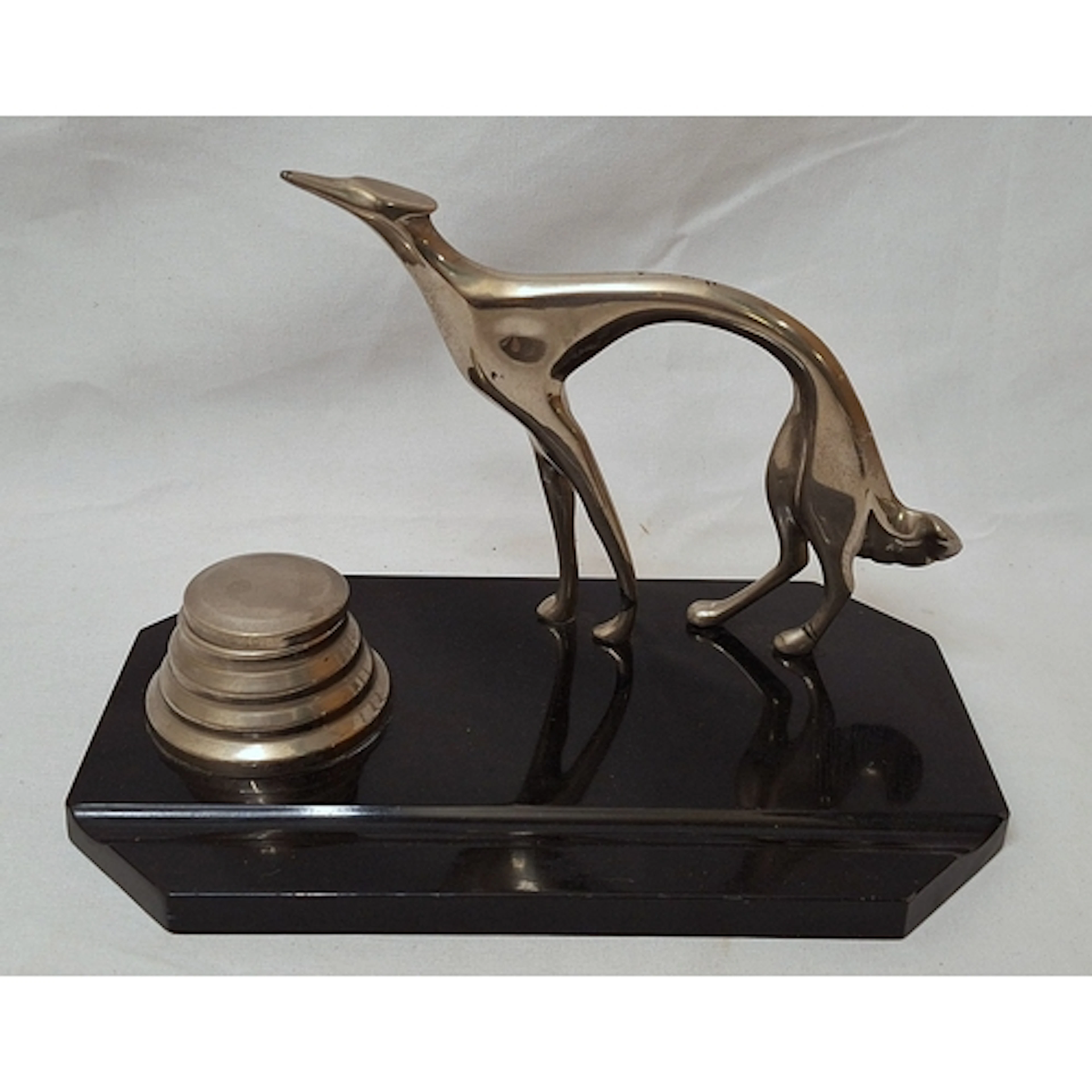 Art Deco Pen & Ink Stand with stylised chrome greyhound in t...