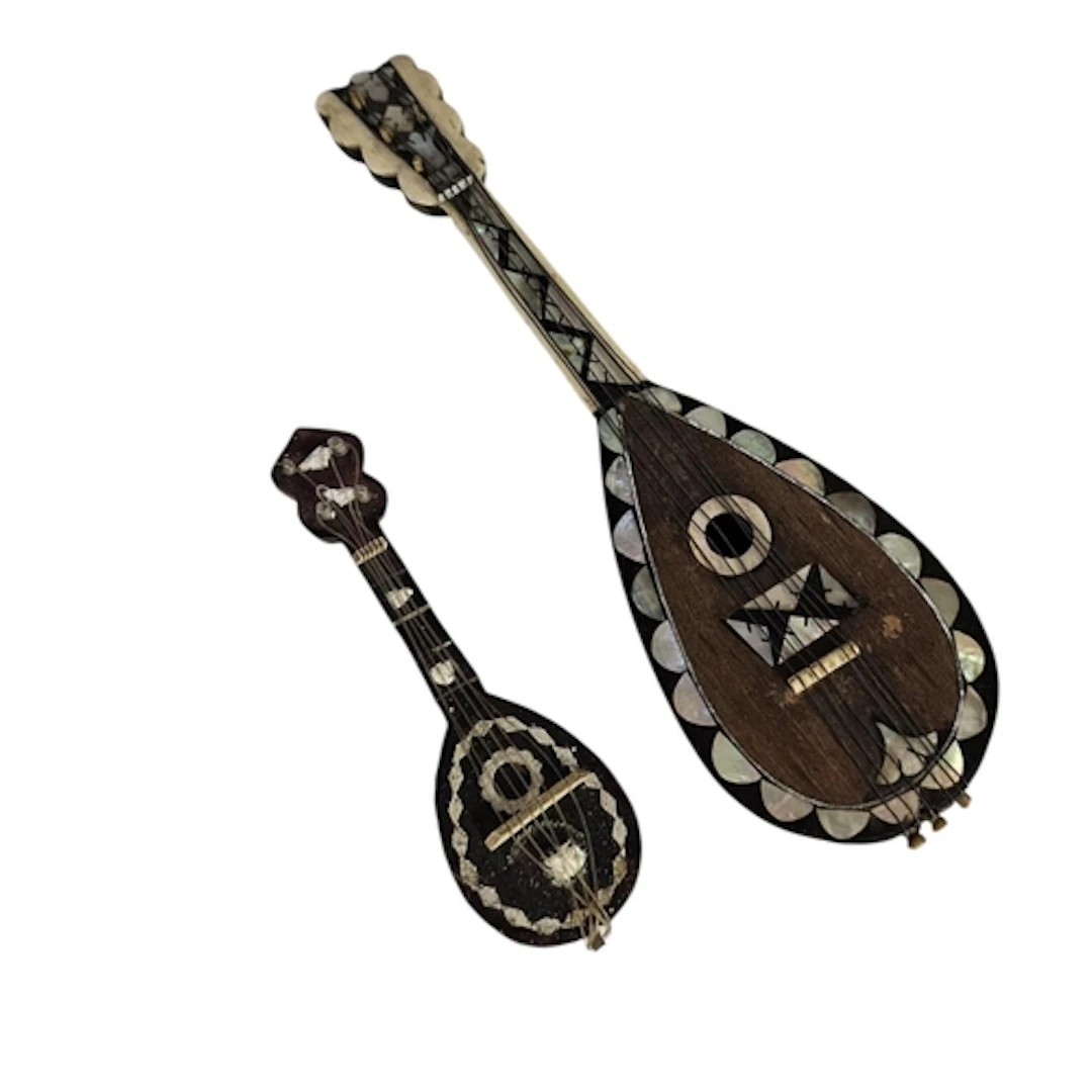 TWO VINTAGE TORTOISESHELL AND MOTHER OF PEARL NOVELTY MINIAT...