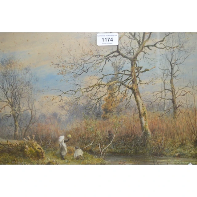 Watercolour, children picking primroses in a wooded landscap...