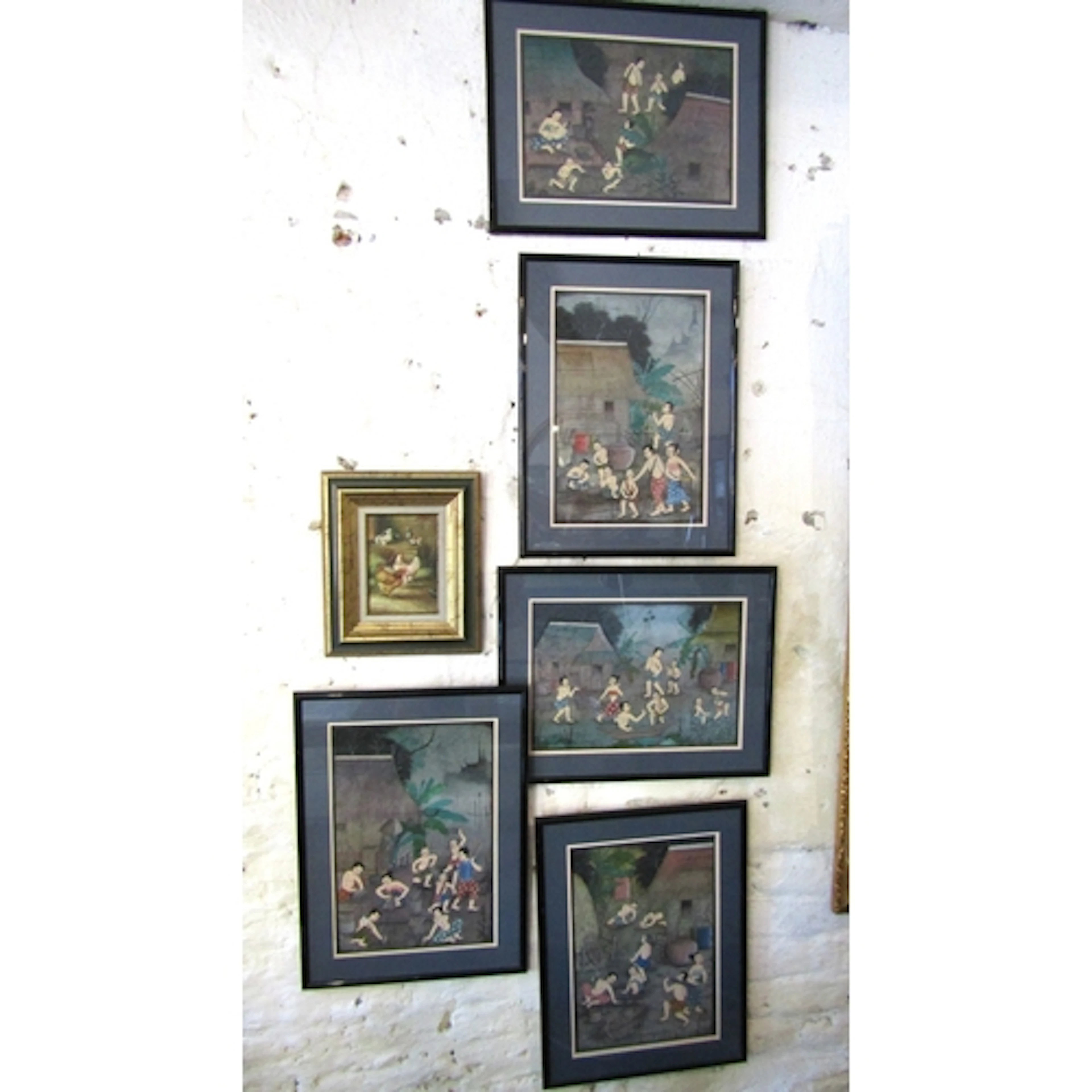 Set of Five Tribal Scenes Lithographs Contained Within Eboni...