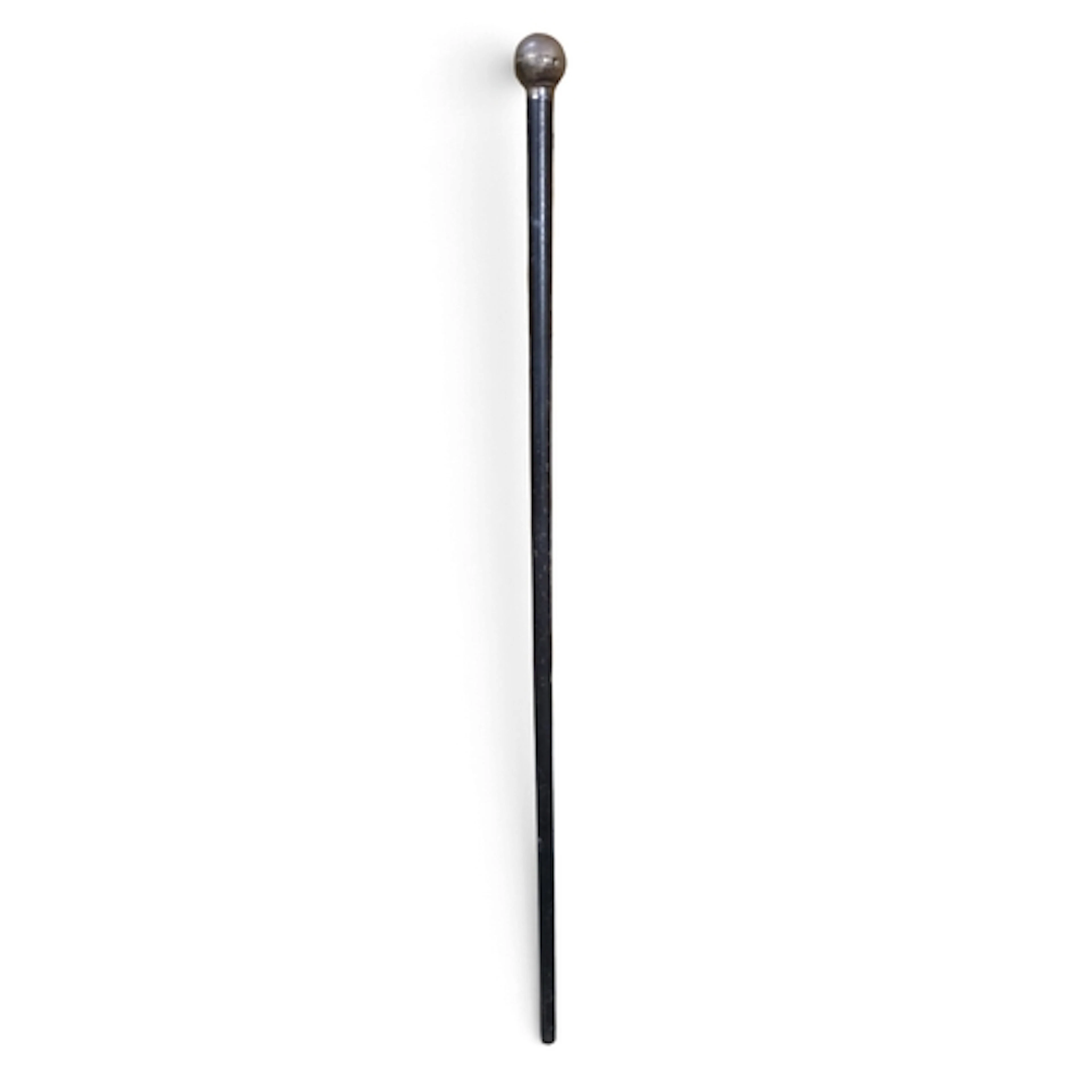 Silver-mounted walking cane with a dark shaft and spherical ...