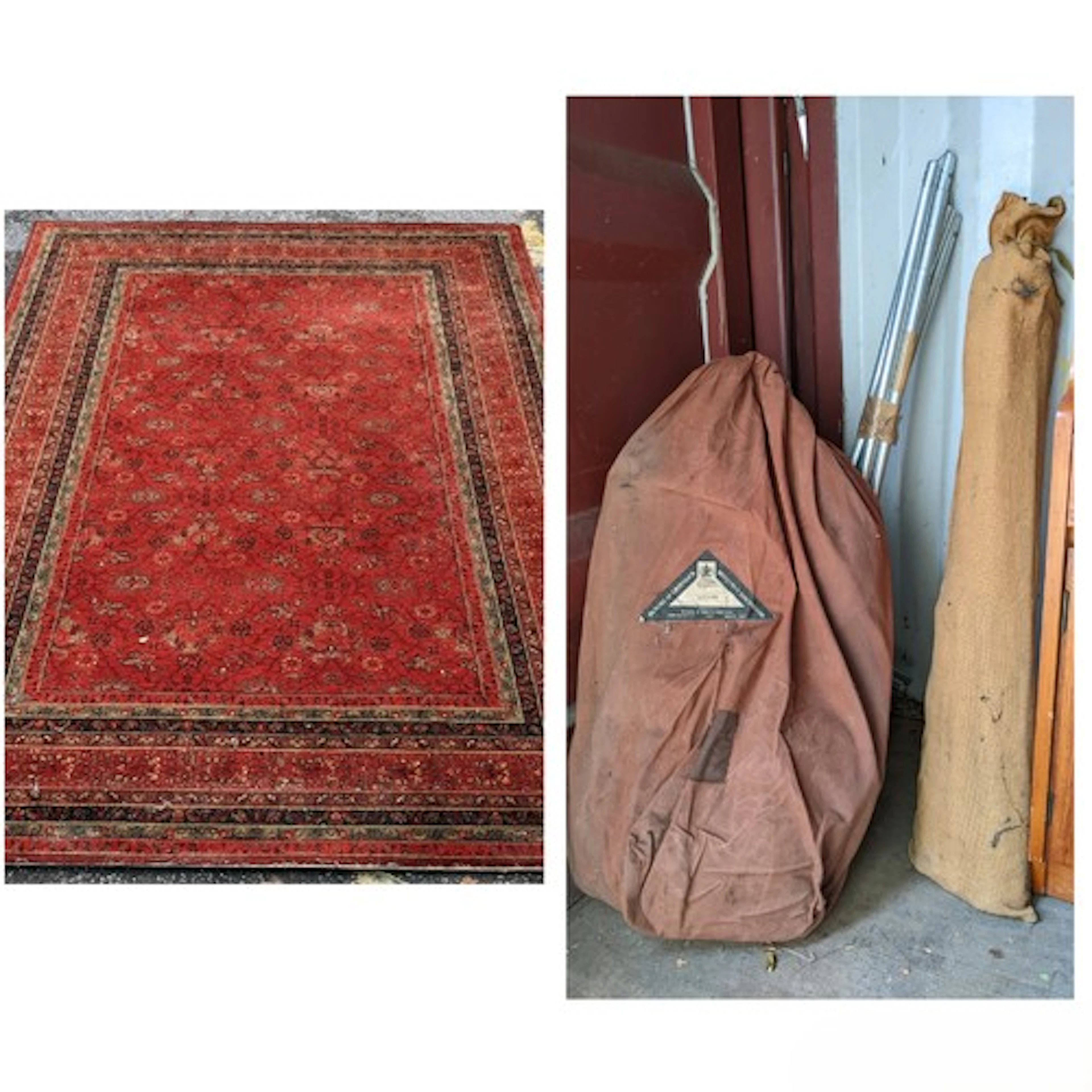 A machine woven red ground rug together with a vintage Benja...