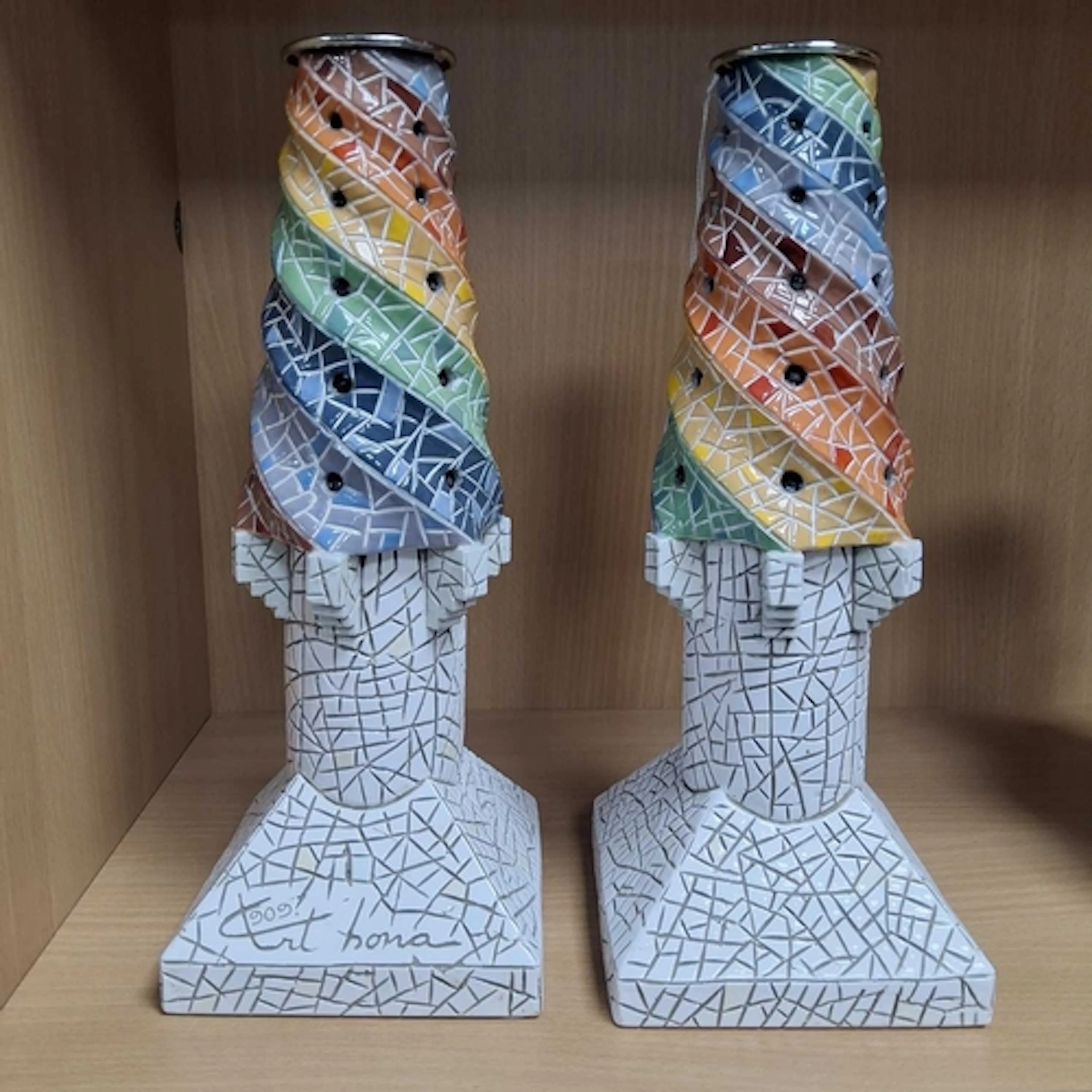 A PAIR OF ARTBONA MOSAIC CANDLESTICK HOLDERS, comprising lim...