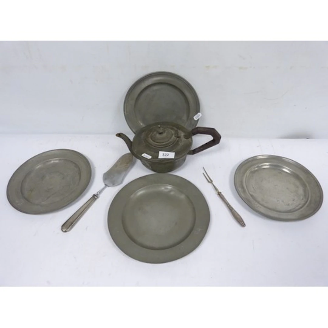 Four antique pewter plates, pewter teapot etc.