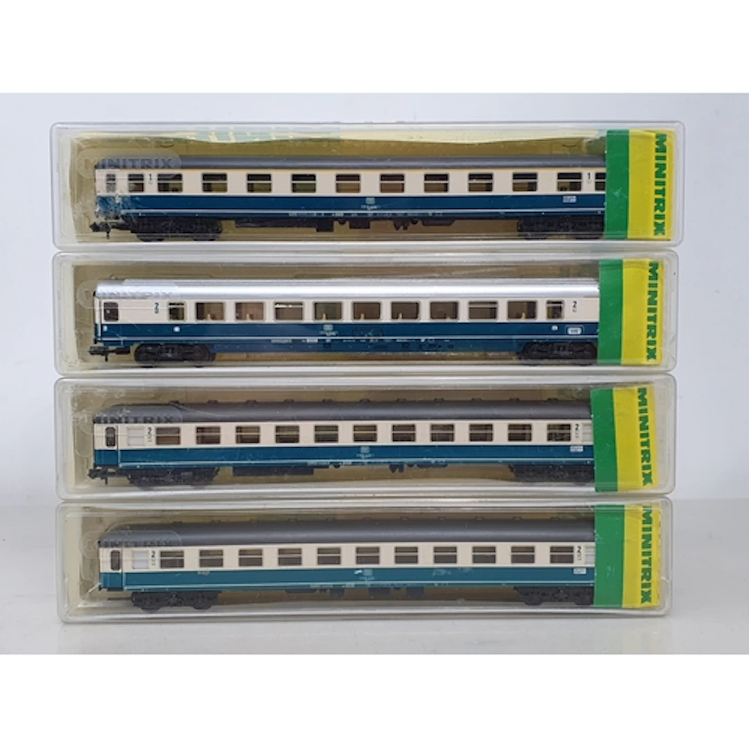 Four boxed Minitrix N gauge DB blue and cream Passenger Coac...