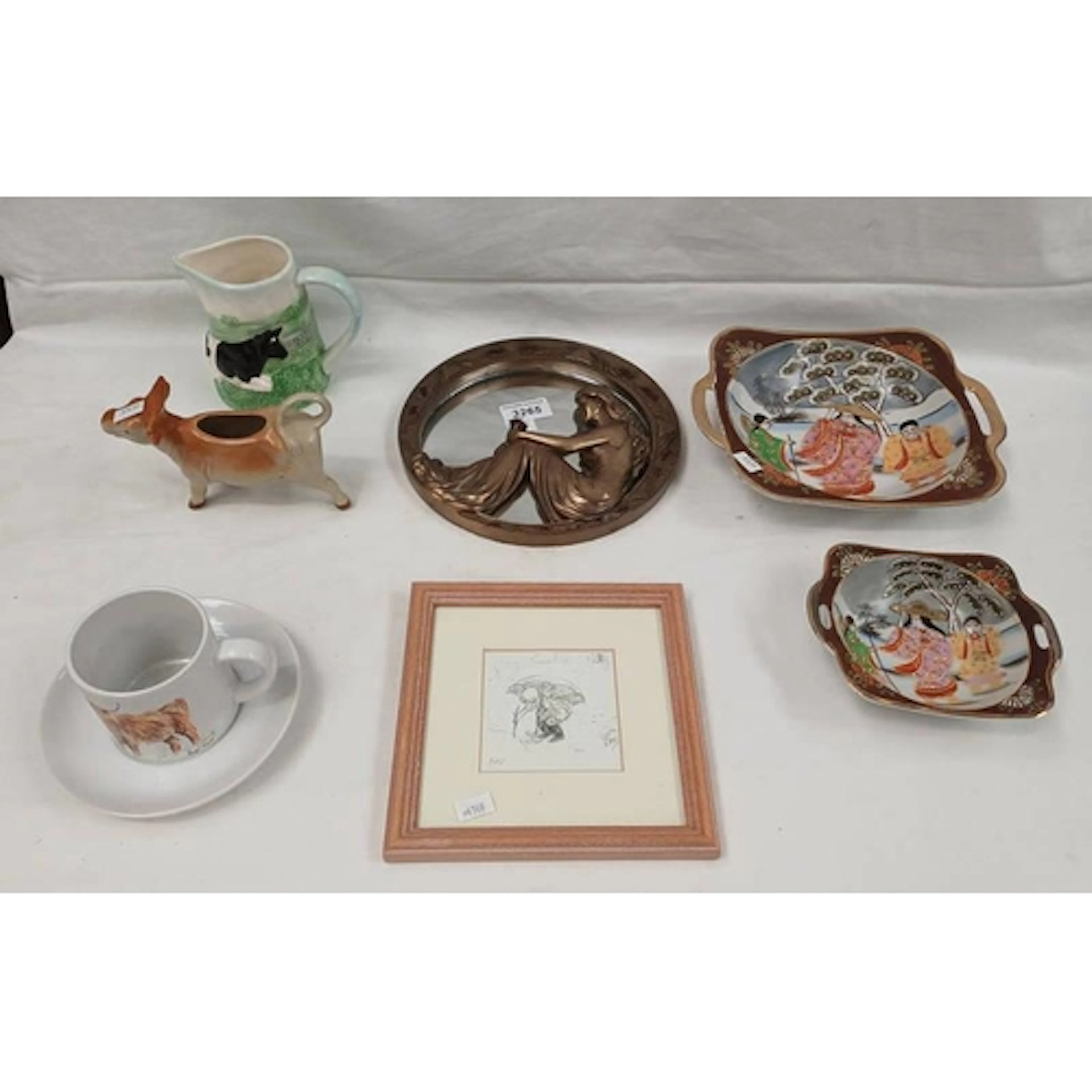 FIGURAL MIRROR, ORIENTAL DISHES, ETC