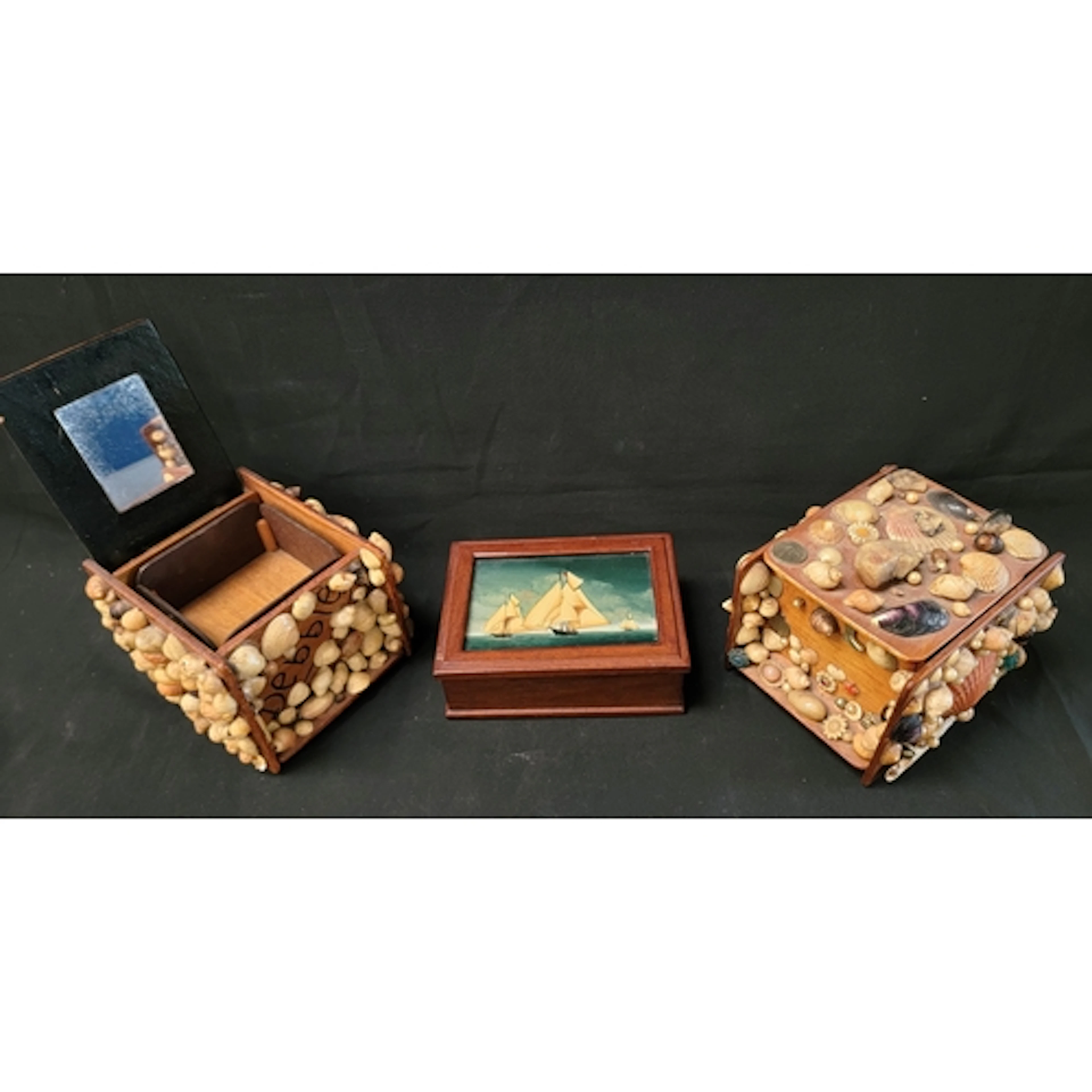 PAIR OF VINTAGE WOODEN SHELL ART TRINKET BOXES each with hin...