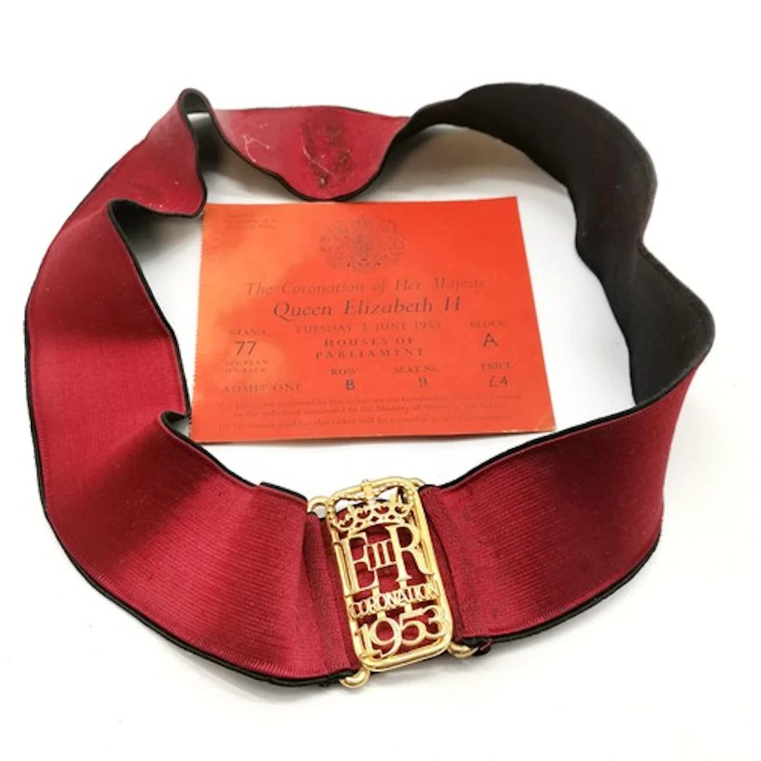 1953 QEII coronation ticket t/w belt with commemorative (Reg...