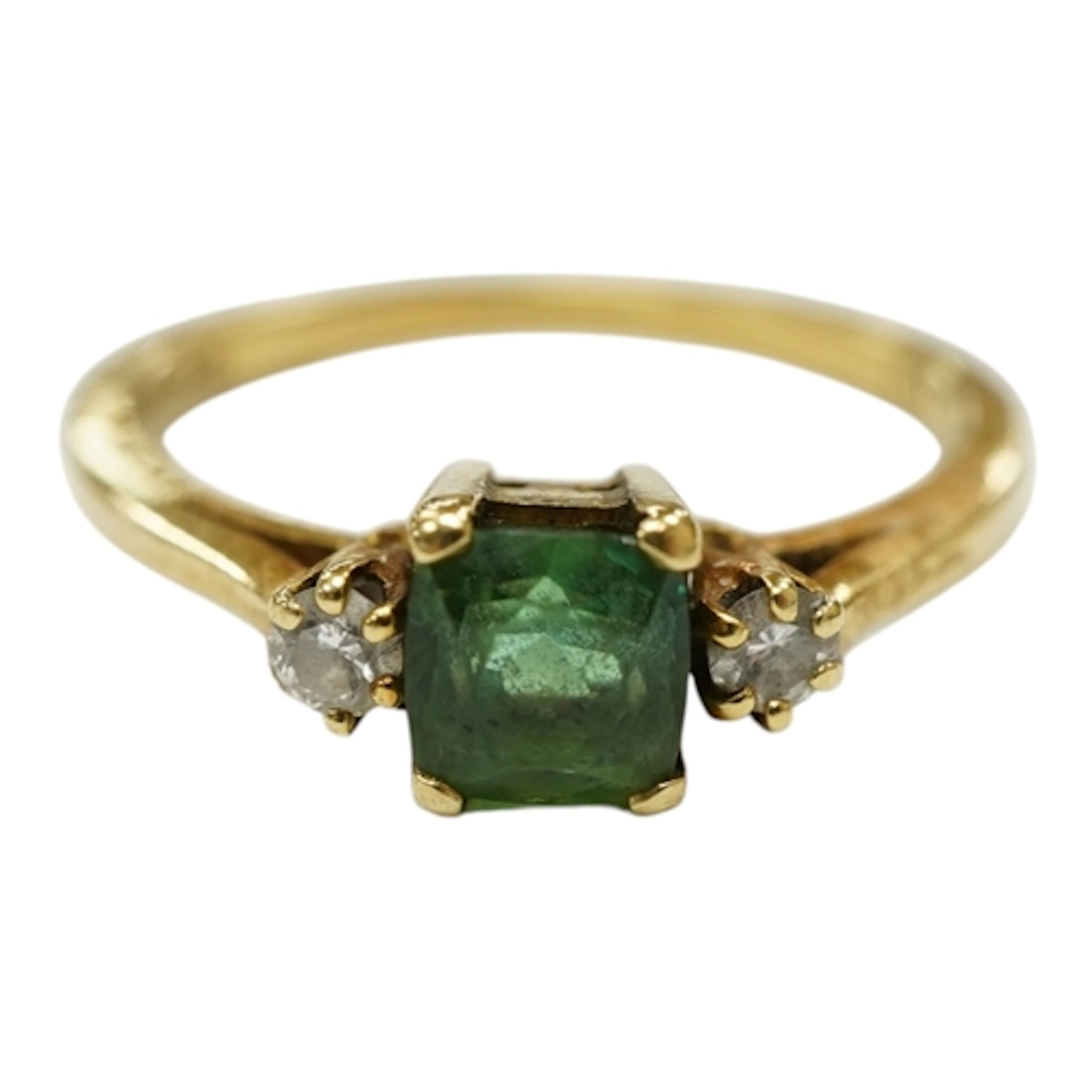 A modern 18ct gold, green tourmaline and diamond set three s...
