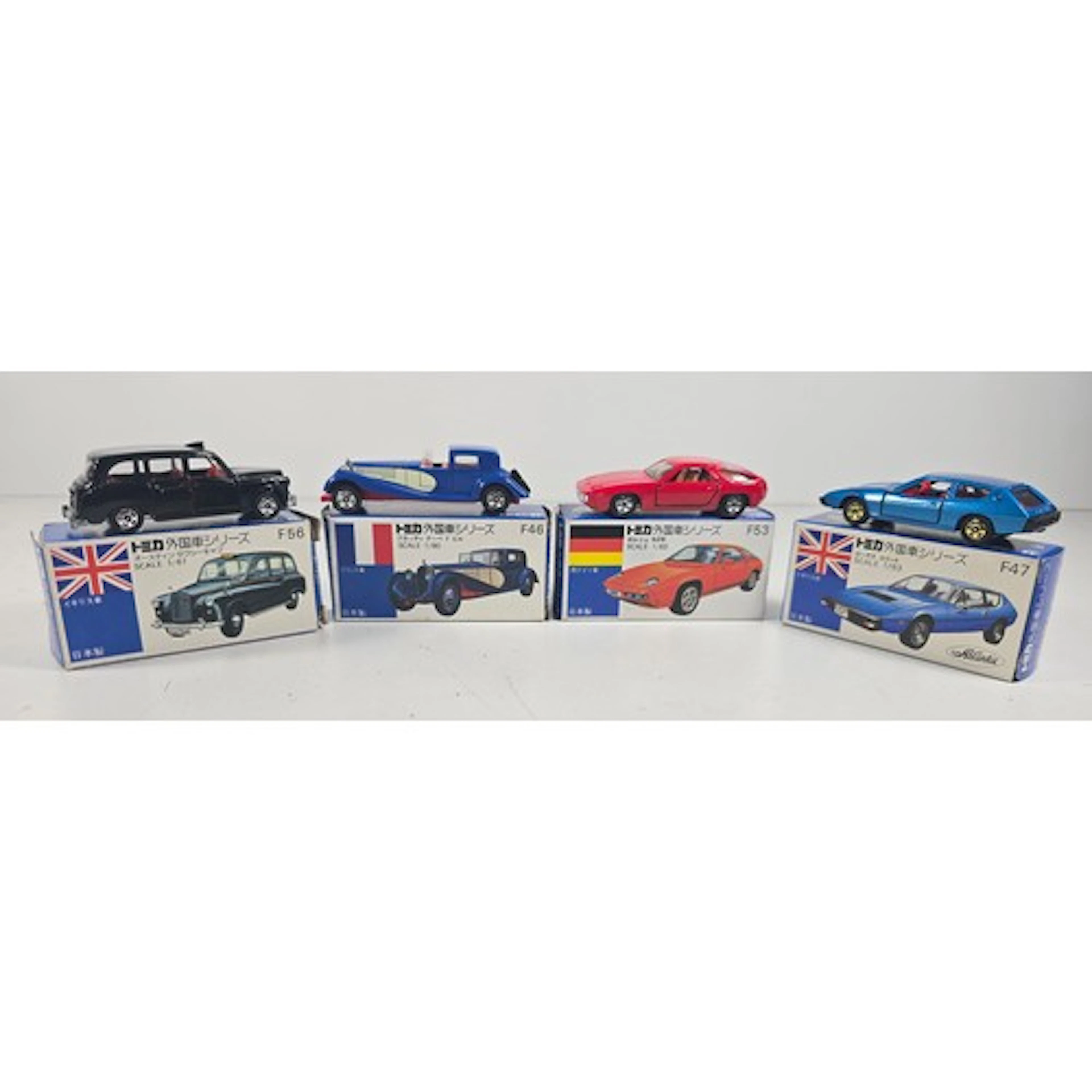 4 Tomica models inc; 'Lotus Elite no F47', 'Porsche 928 no F...