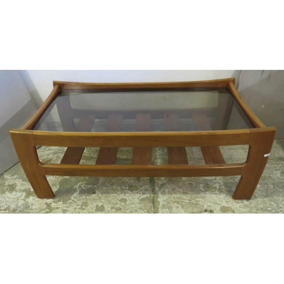 Mid Century Teak Ercol Coffee Table, glass top, slatted unde...
