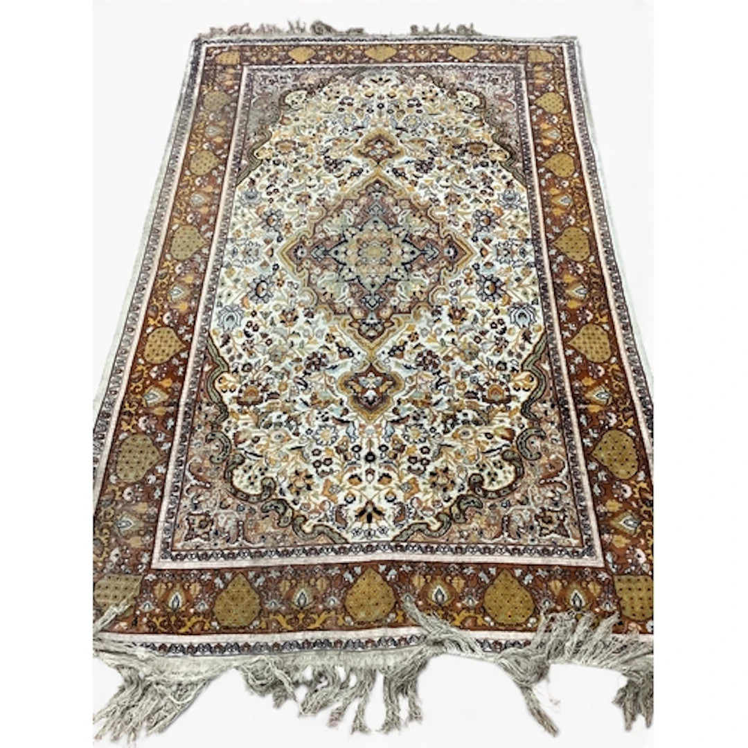 Middle Eastern Silk Tasseled Rug, featuring a large medallio...