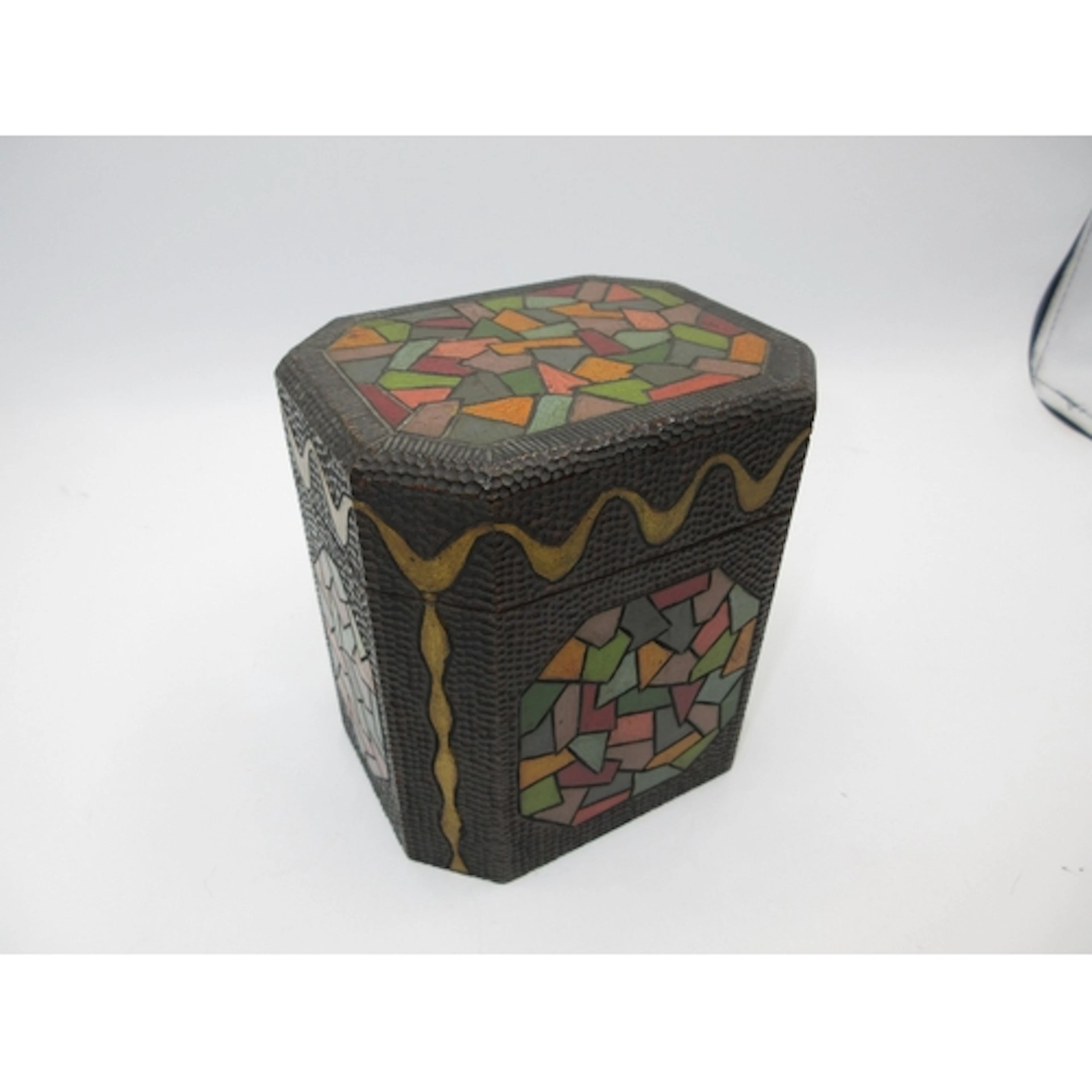 Art Deco Pokerwork Wood Tea Caddy with Coloured Panel Decora...