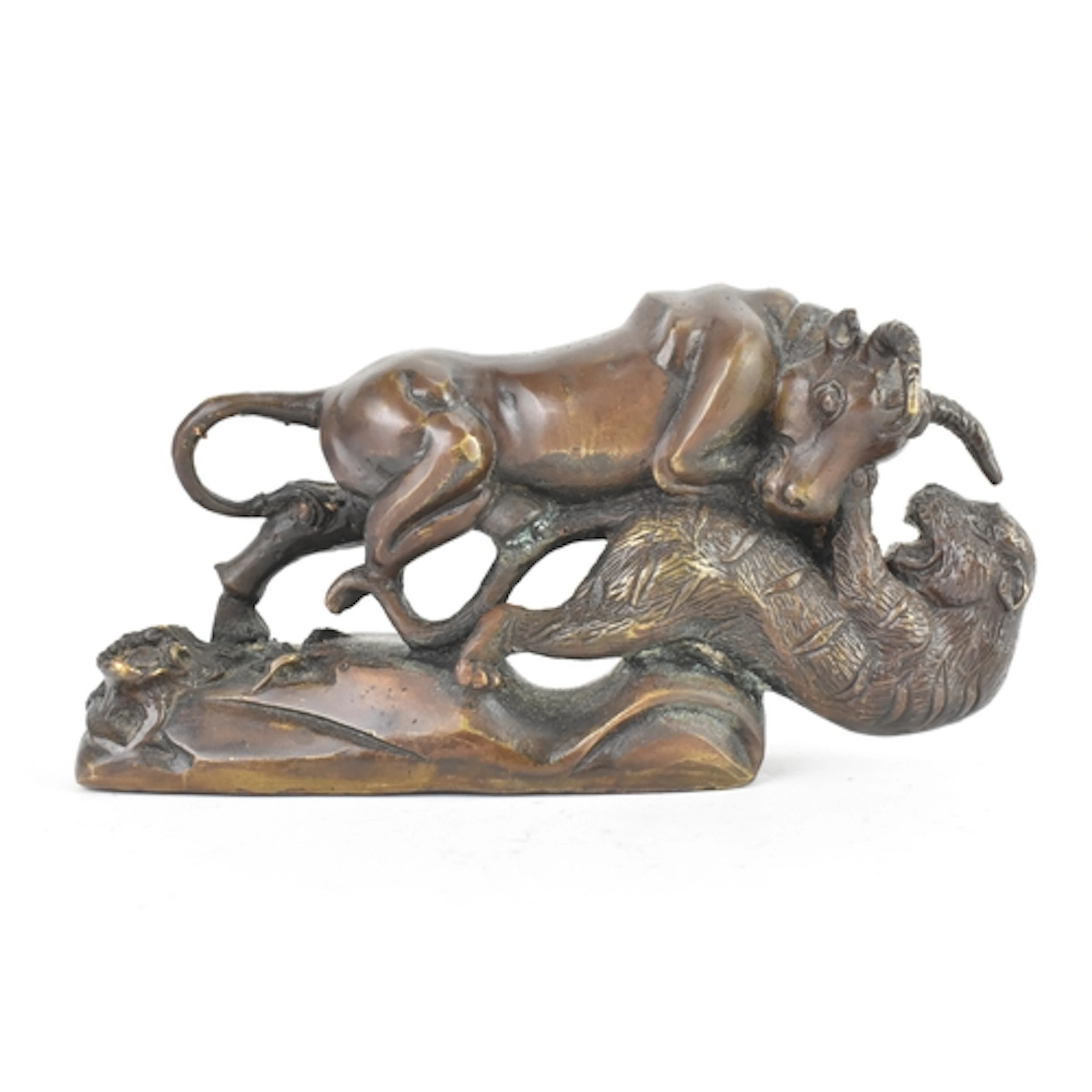 A Japanese 20th century bronze animal group, modelled as a t...