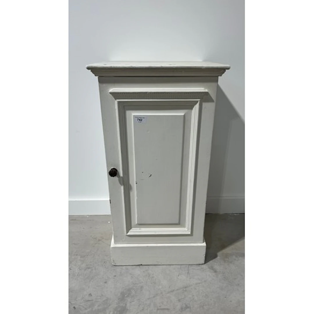 White overpainted pot cupboard, the square top over panelled...