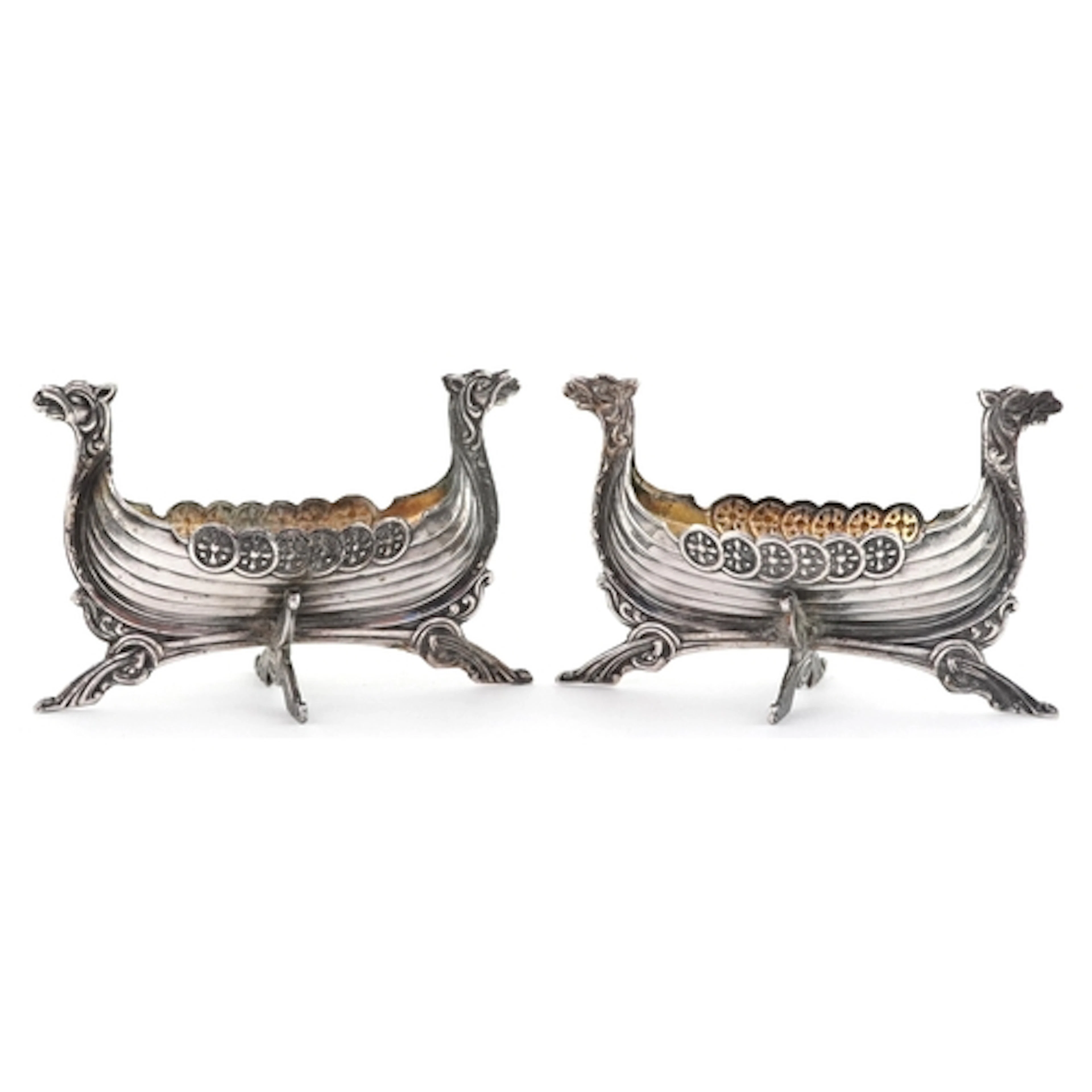 Pair of Norwegian unmarked silver Viking longboat open salts...