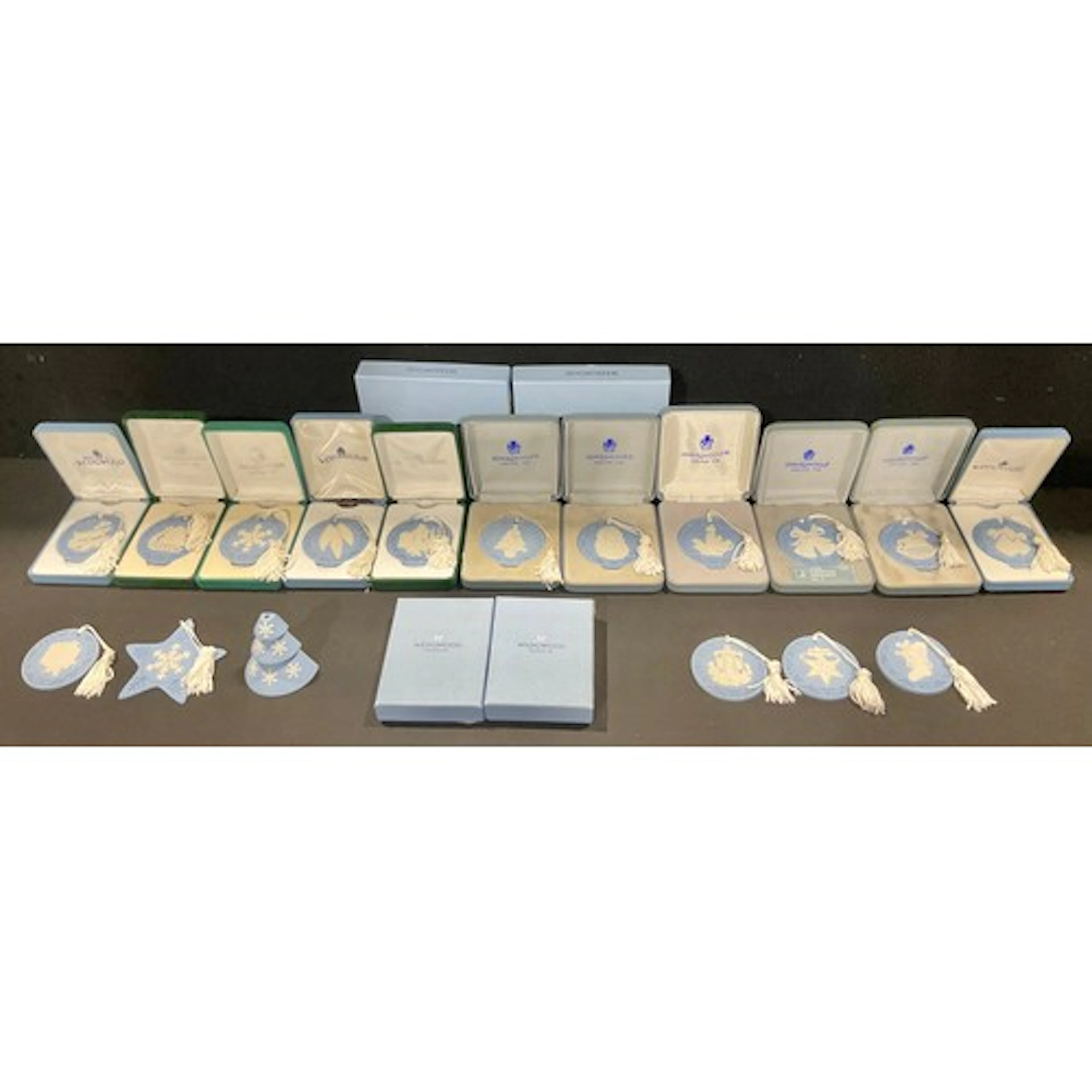 A collection of Wedgwood Jasperware Christmas tree ornaments...