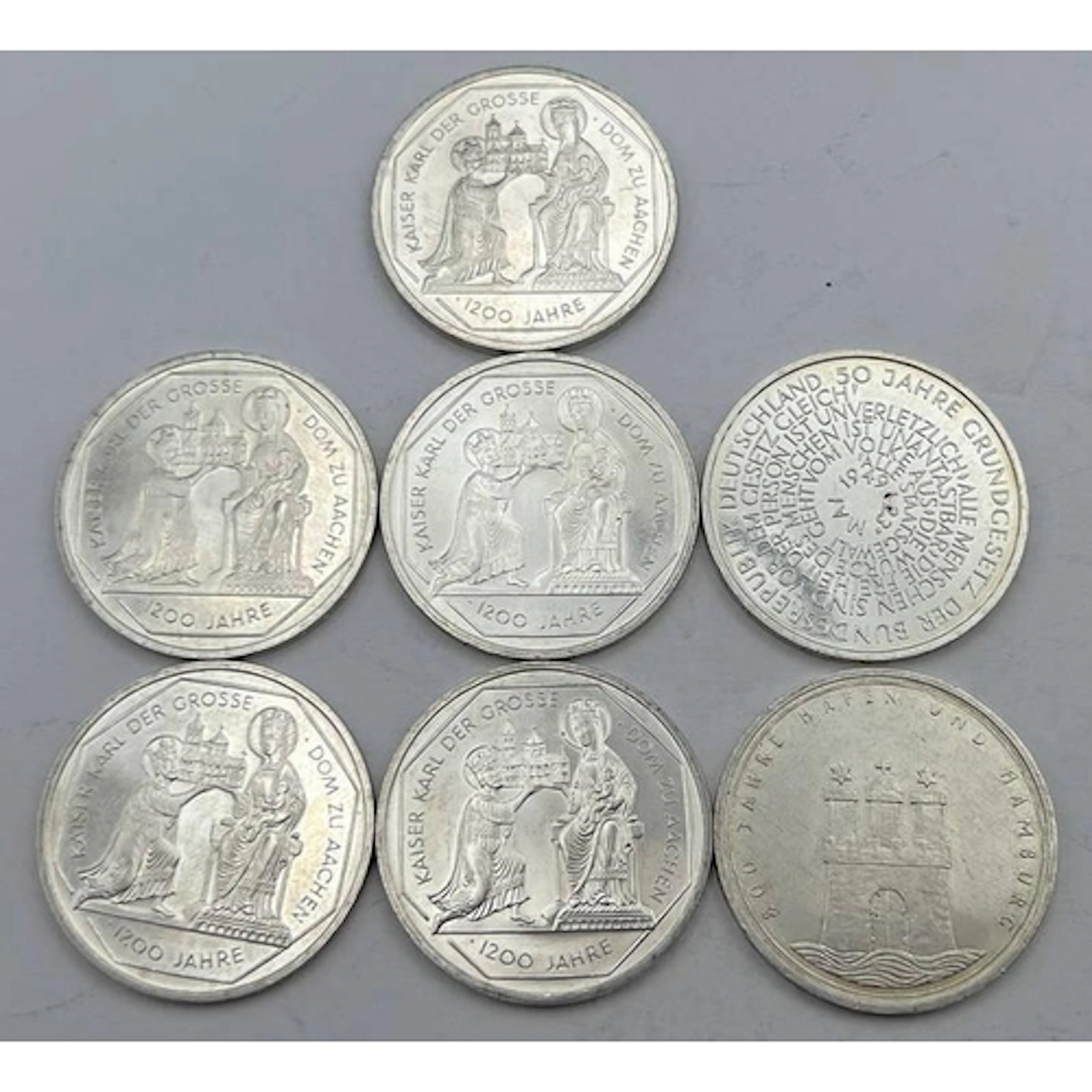 7 GERMAN 10 DEUTSCHE MARK COINS, 5 X 1200 TH ANNIVERSARY, 1 ...